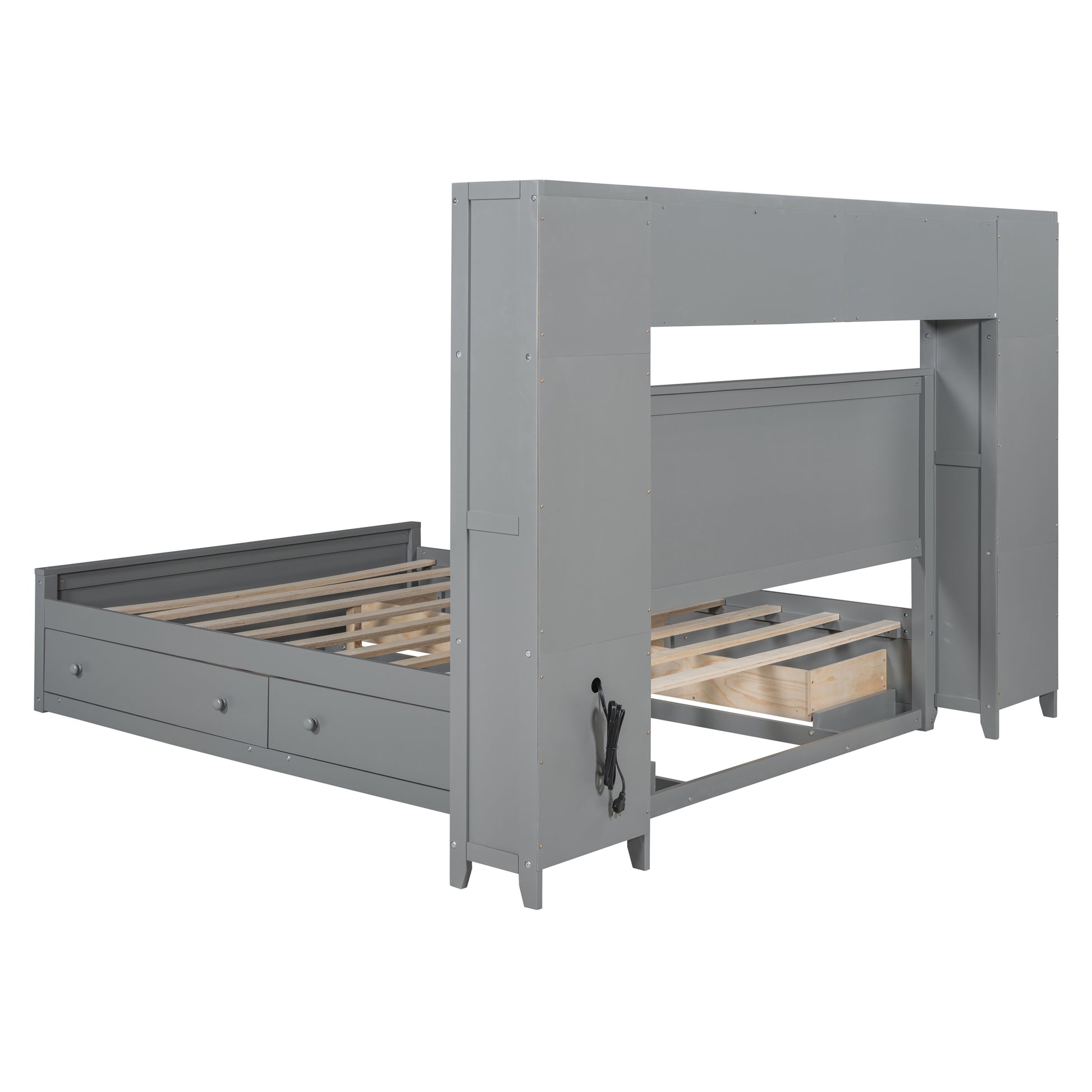 Queen Size Wooden Bed With All In One Cabinet, Shelf And Sockets, Gray Gray Solid Wood
