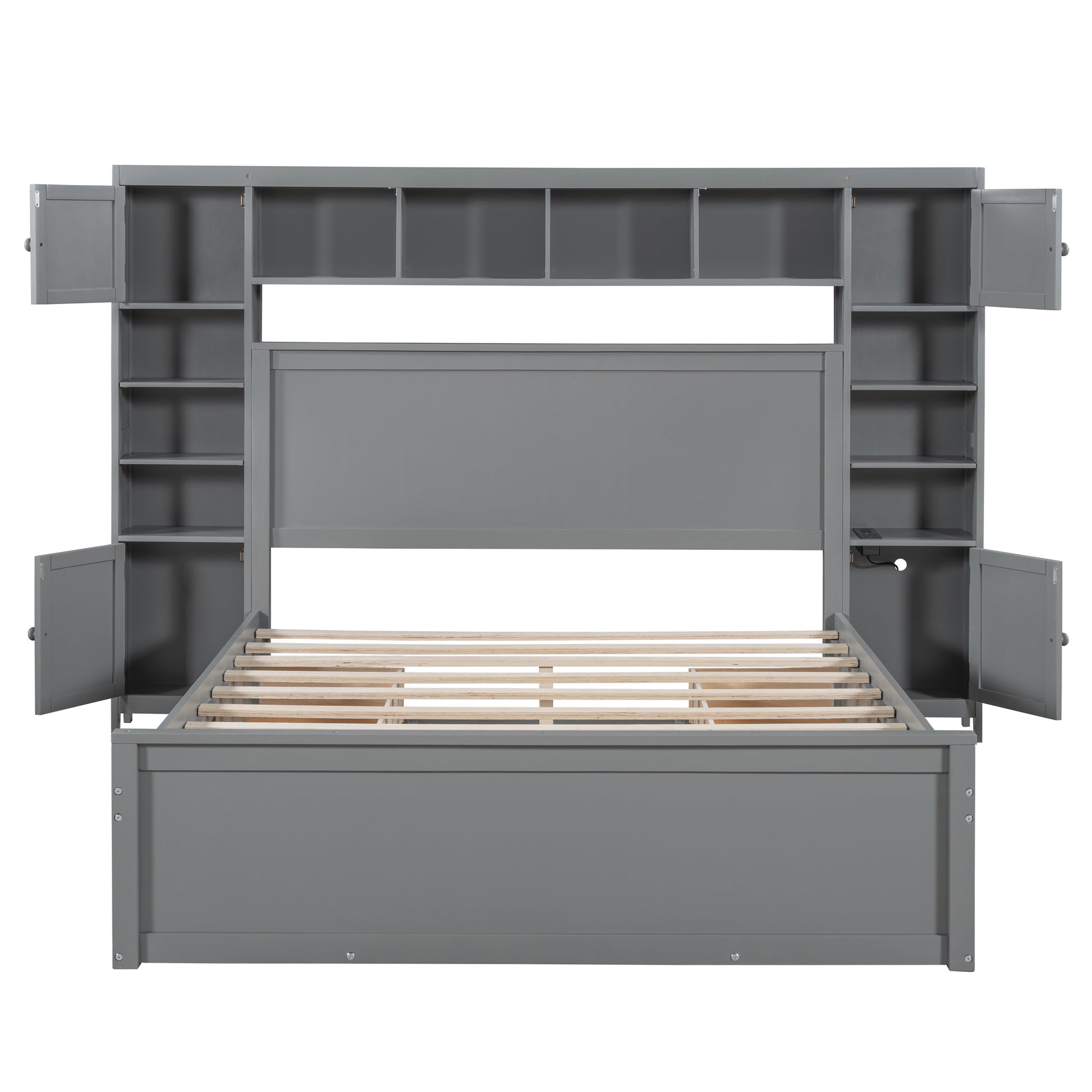 Queen Size Wooden Bed With All In One Cabinet, Shelf And Sockets, Gray Gray Solid Wood