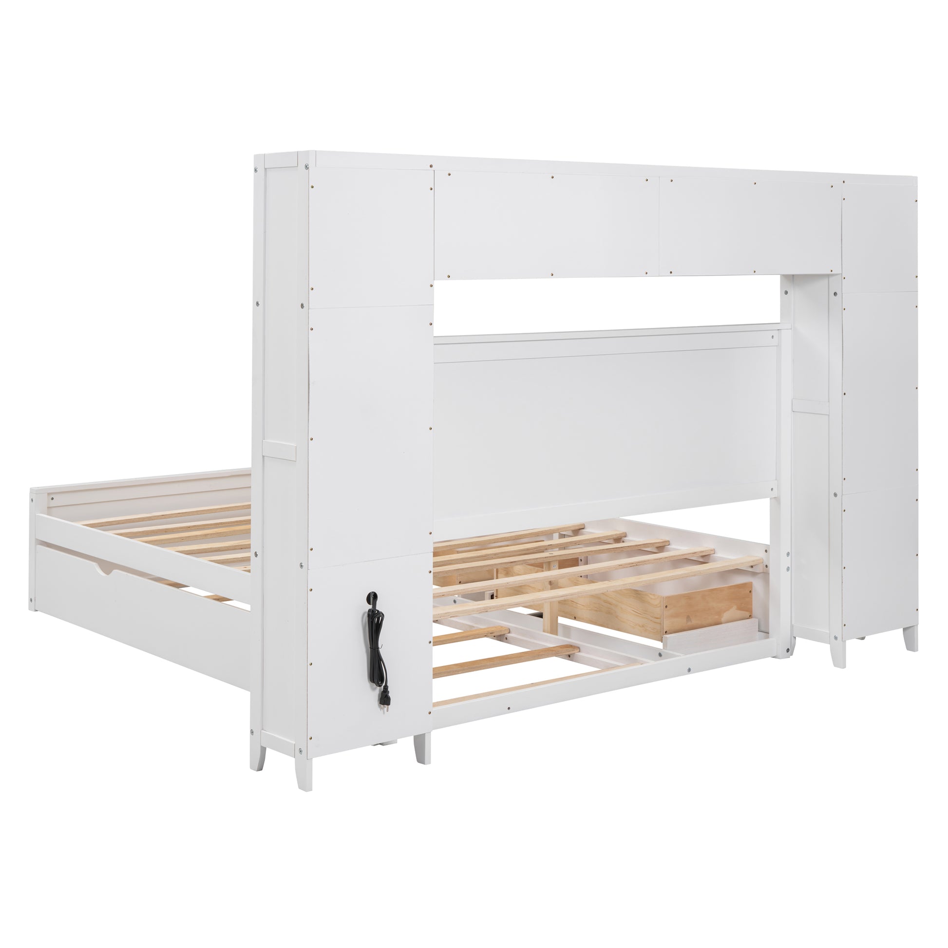 Queen Size Wooden Bed With All In One Cabinet, Shelf And Sockets,Twin Xl Trundle,White Queen White Solid Wood