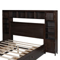 Queen Size Wooden Bed With All In One Cabinet, Shelf And Sockets, Espresso Espresso Solid Wood
