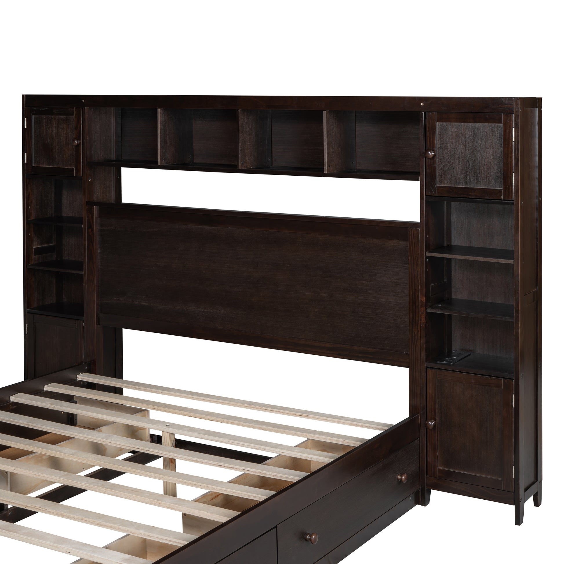 Queen Size Wooden Bed With All In One Cabinet, Shelf And Sockets, Espresso Espresso Solid Wood