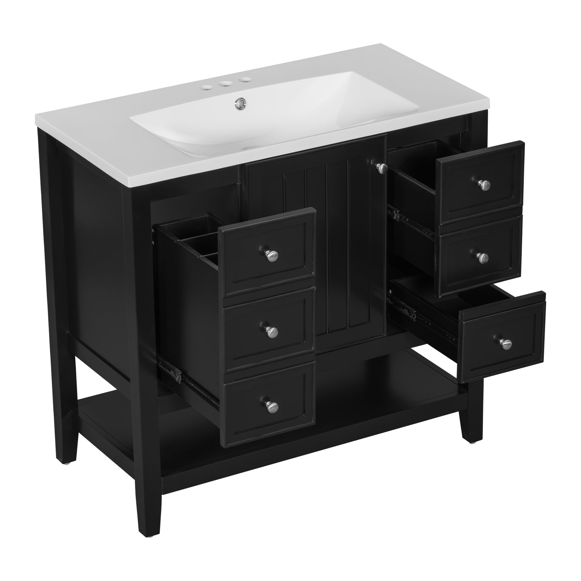 36" Bathroom Vanity With Sink Combo, One Cabinet And Three Drawers, Solid Wood And Mdf Board, Black Black Solid Wood Mdf