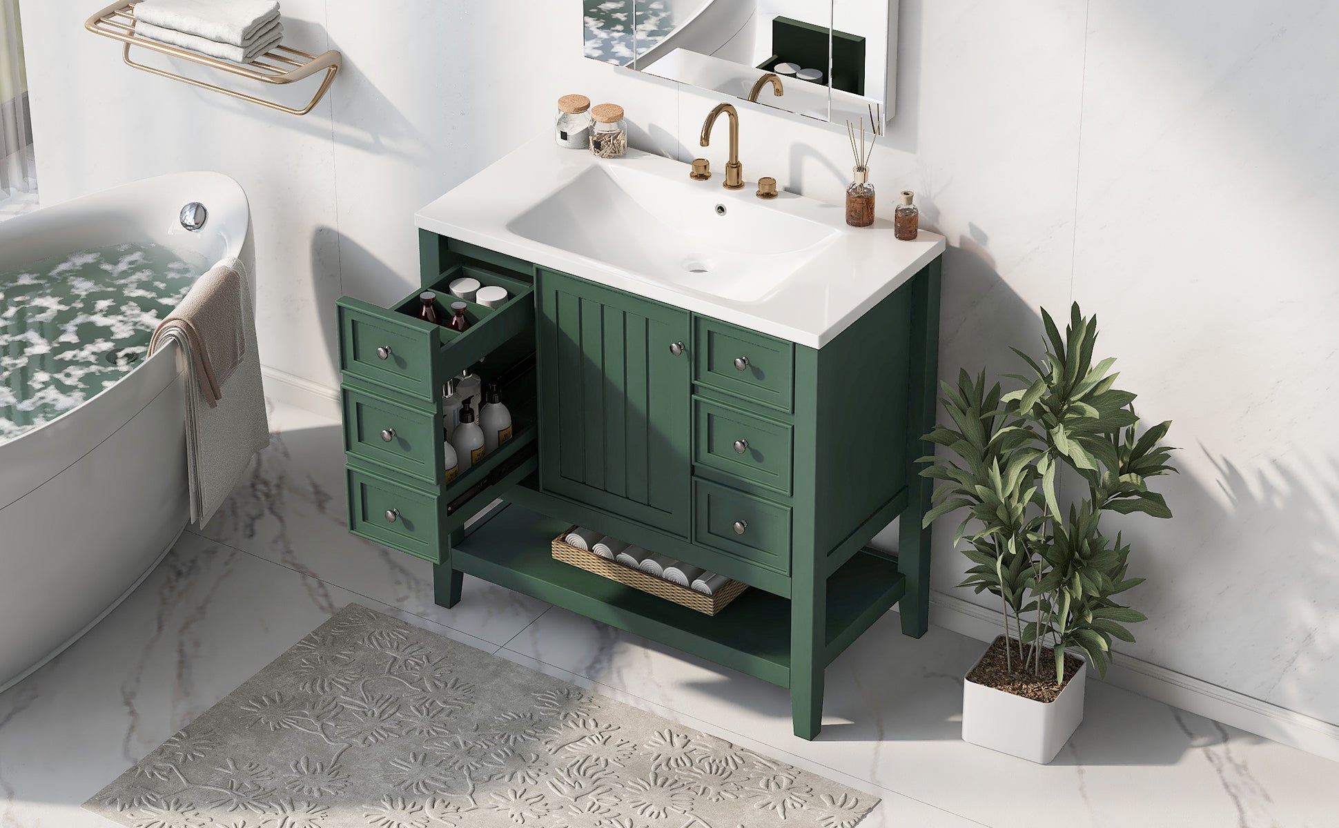 36" Bathroom Vanity With Sink Combo, One Cabinet And Three Drawers, Solid Wood And Mdf Board, Green Green Solid Wood Mdf