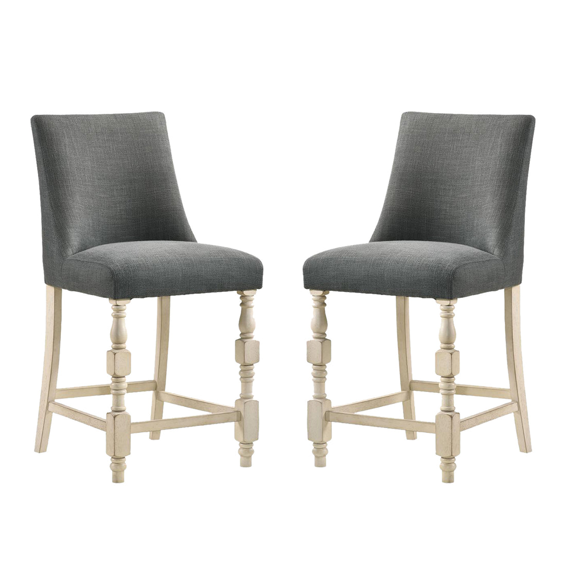 Set Of 2 Upholstered Dark Gray Fabric Counter Height Chairs In Ivory Finish Solid Ivory Dining Room Dining Chairs Wood Fabric