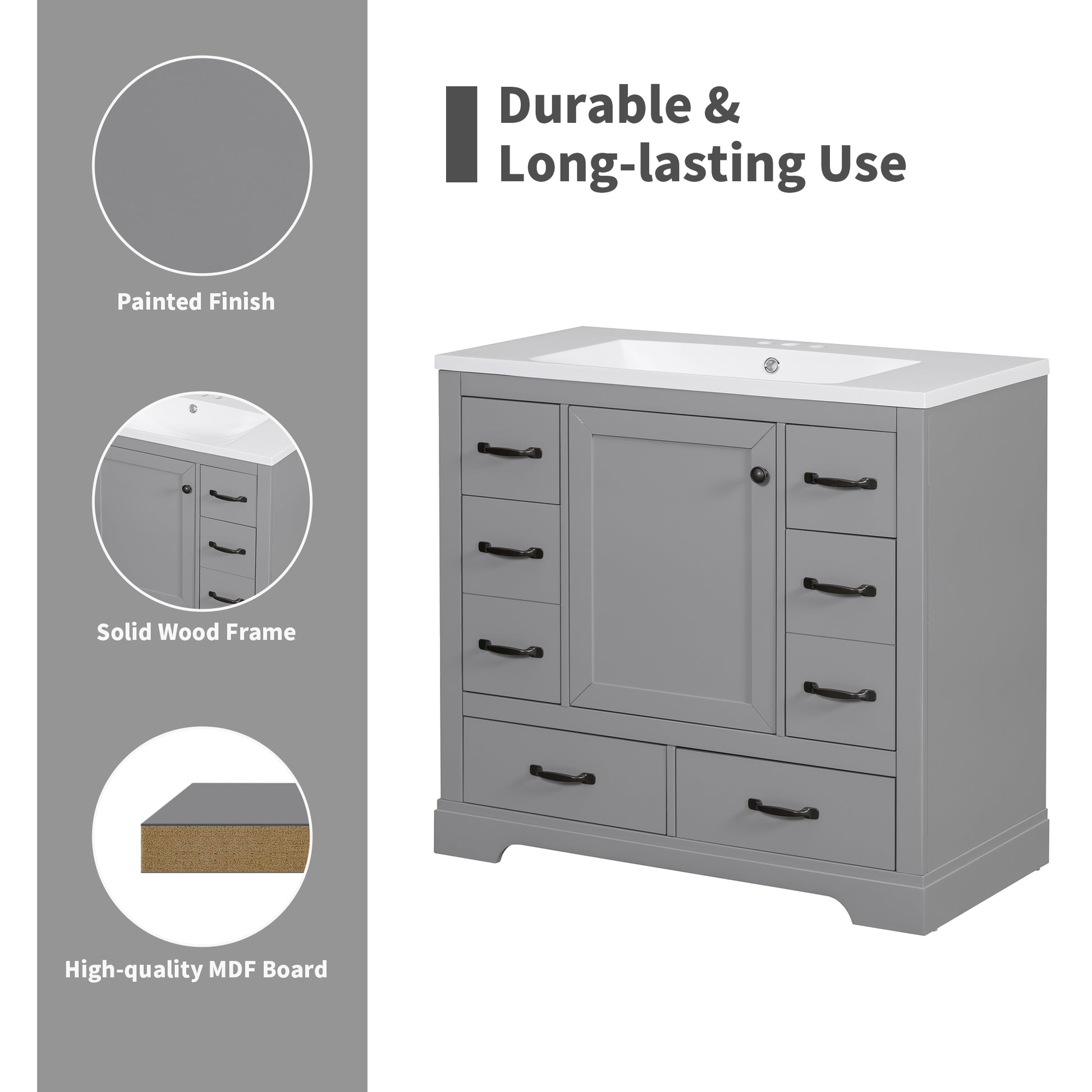 36" Bathroom Vanity Without Sink, Cabinet Base Only, Six Drawers, Multi Functional Drawer Divider, Adjustable Shelf, Grey Grey Solid Wood Mdf