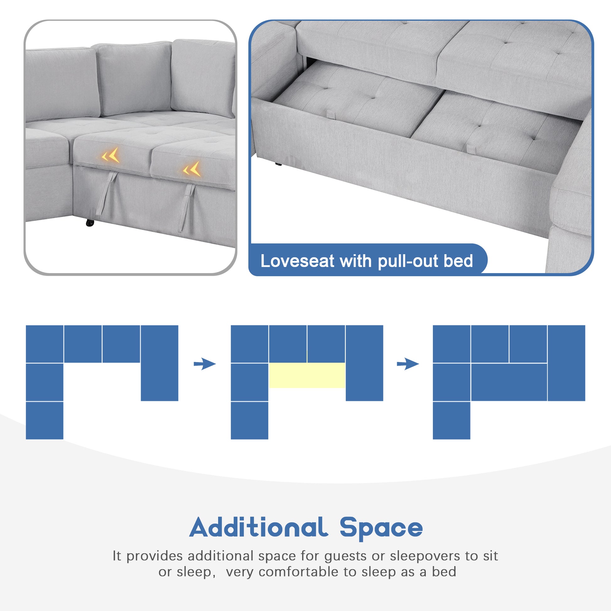 Sectional Sleeper Sofa With Pull Out Bed And Lounge Chair, Usb And Type C Interfaces, Suitable For Living Room, Office, And Spacious Spaces Gray Polyester