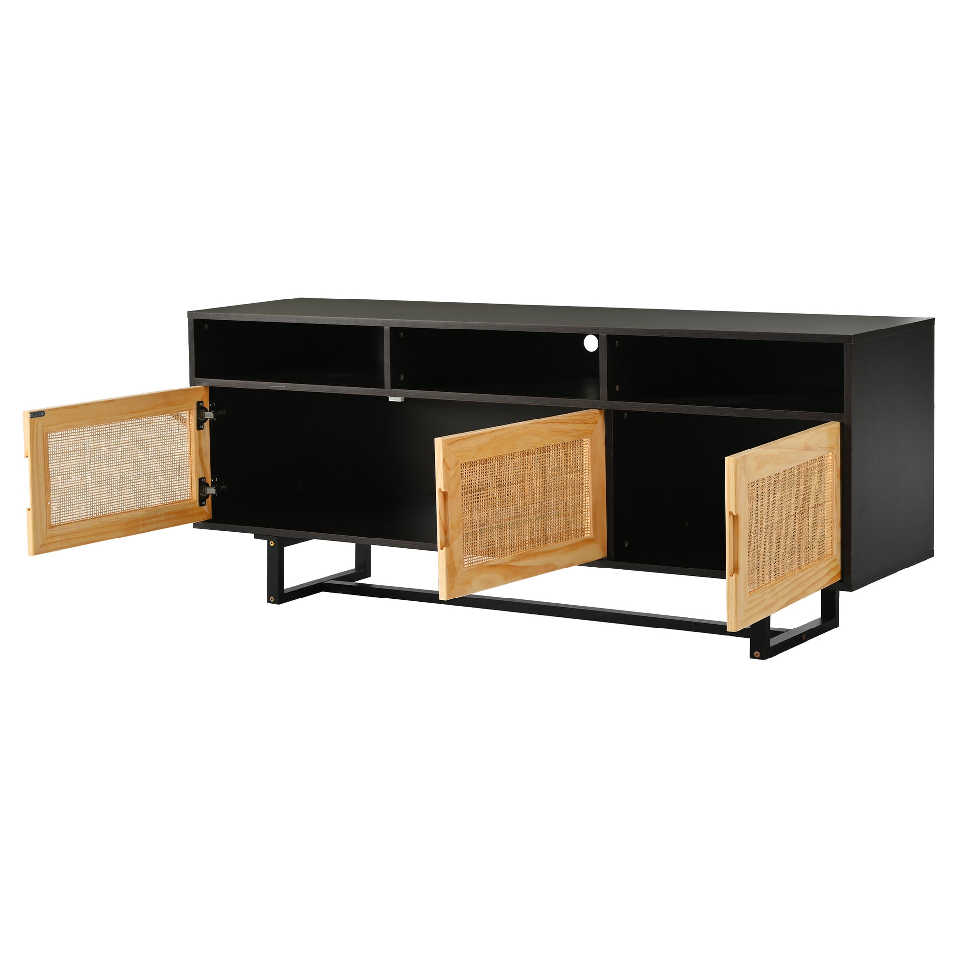 Retro Rattan Console Table 3 Door Tv Stand Media Console With Open Shelves For Tv Stand Under 75'' Espresso Espresso Mdf