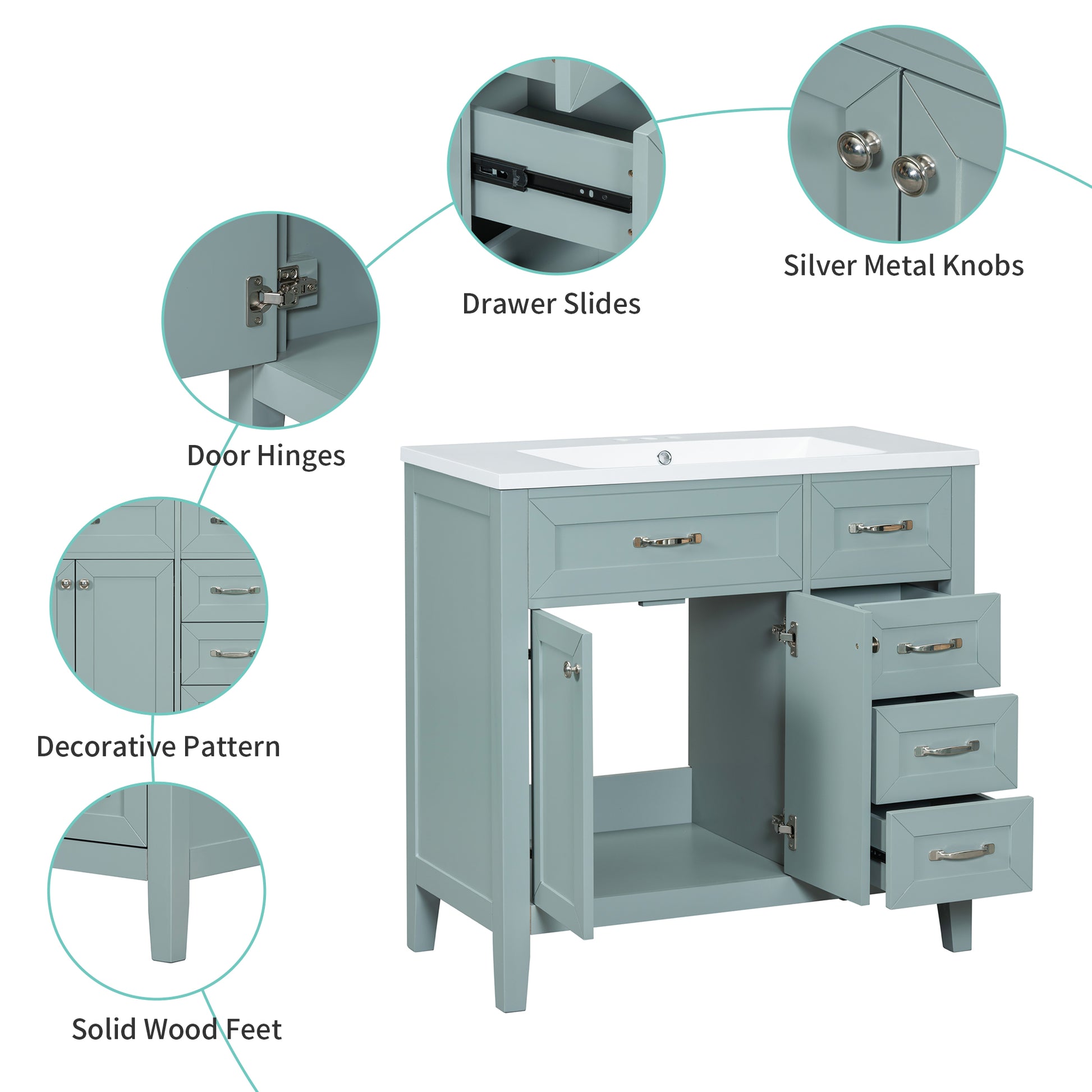 36" Bathroom Vanity With Sink Combo, Green Bathroom Cabinet With Drawers, Solid Frame And Mdf Board Old Sku:Jl000007Aag Green Solid Wood Mdf