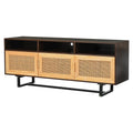 Retro Rattan Tv Stand 3 Door Media Console With Open Shelves For Tv Stand Under 75'' Walnut Walnut Mdf