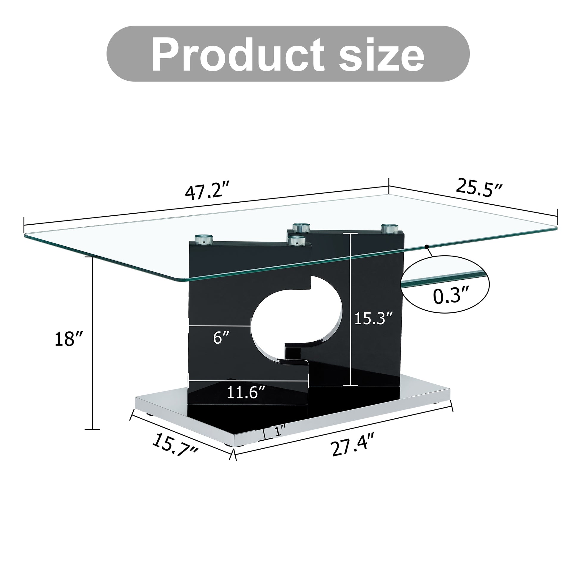 A Rectangular Modern And Fashionable Coffee Table With Tempered Glass Tabletop And Black Mdf Legs. Suitable For Living Room.47.2"*25.5"*18" Black Glass