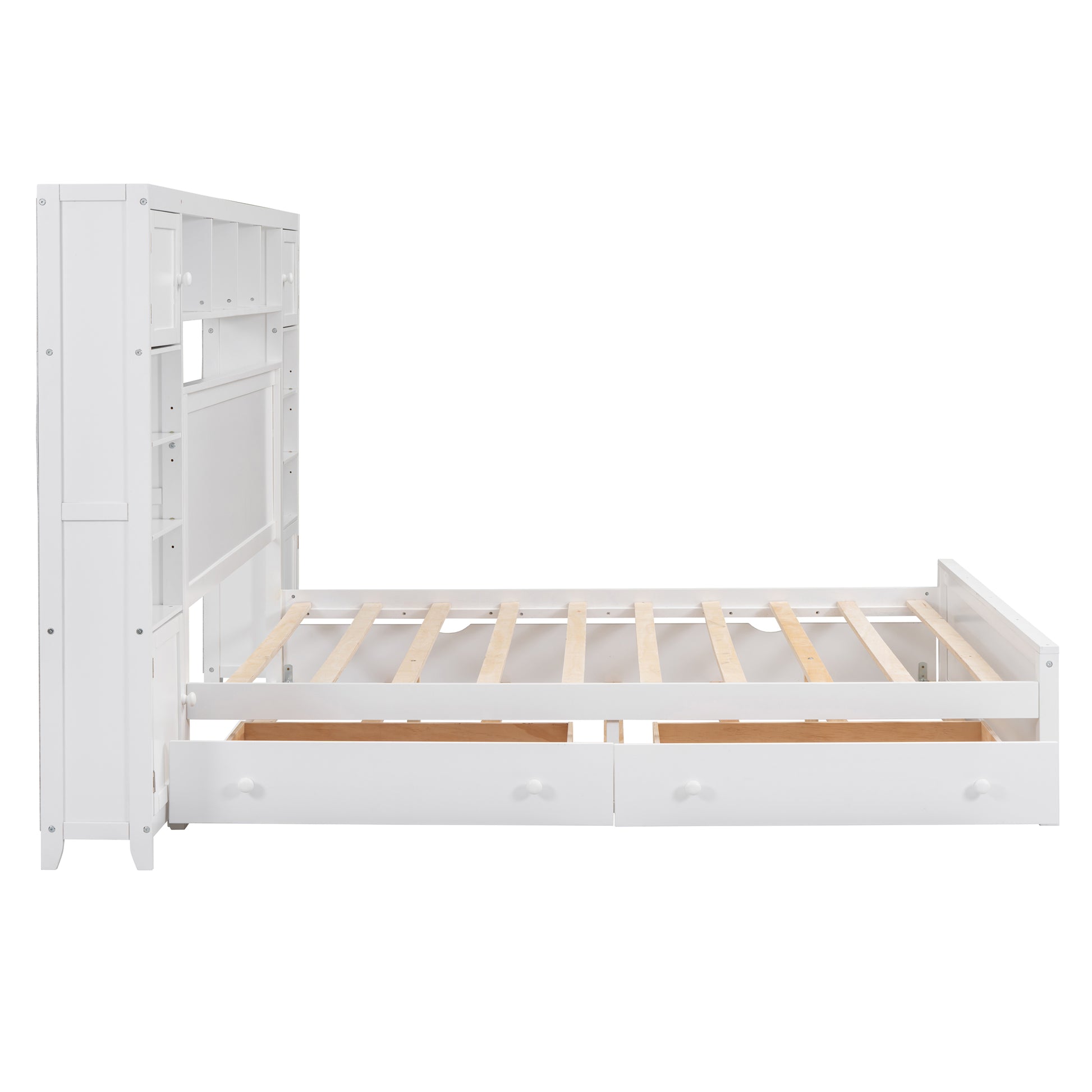 Queen Size Wooden Bed With All In One Cabinet, Shelf And Sockets,Twin Xl Trundle,White Queen White Solid Wood