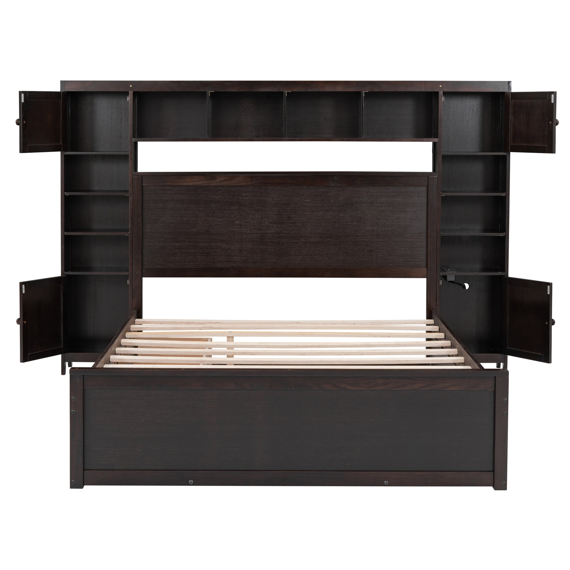 Queen Size Wooden Bed With All In One Cabinet, Shelf And Sockets,Twin Xl Trundle,Espresso Queen Espresso Solid Wood