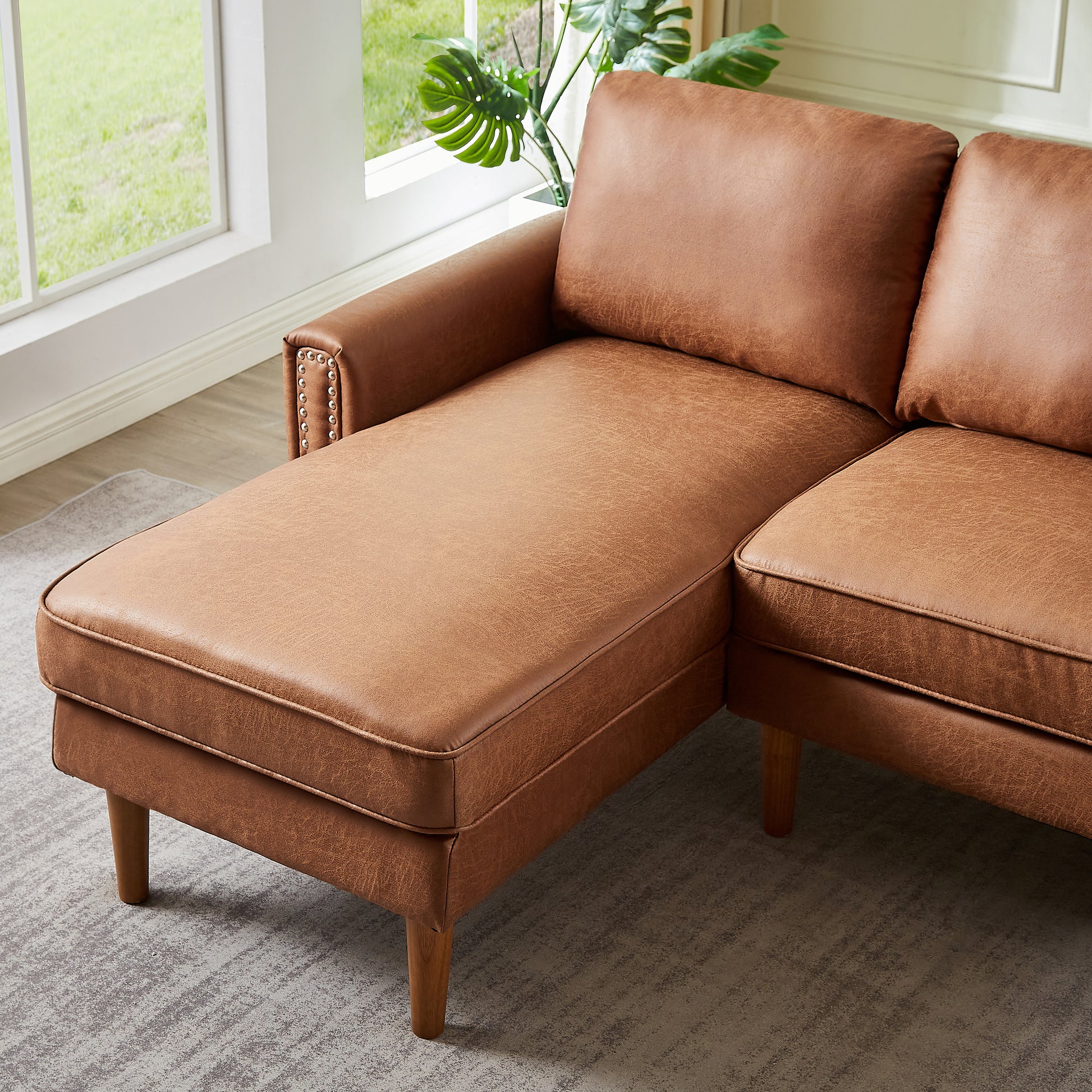 82.2"L Shape Sofa Couch With Chais Mid Century Copper Nail On Arms,Strong Wooden Leg And Suede Fabric Design That Will Complement Any Living Space.Left Chaise, Brown Brown Tech Cloth