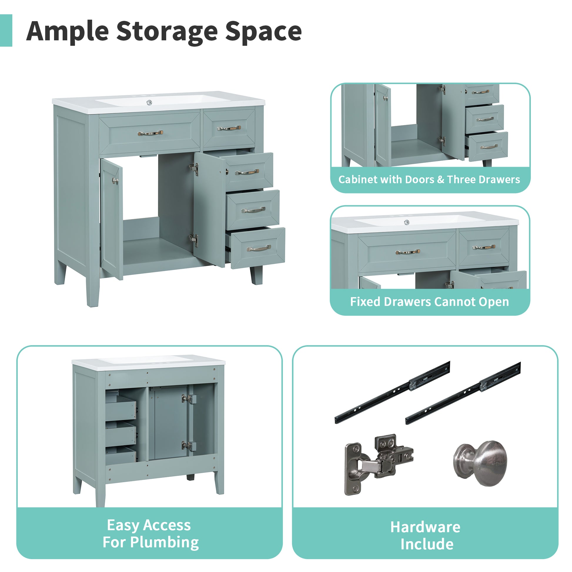 36" Bathroom Vanity With Sink Combo, Green Bathroom Cabinet With Drawers, Solid Frame And Mdf Board Old Sku:Jl000007Aag Green Solid Wood Mdf