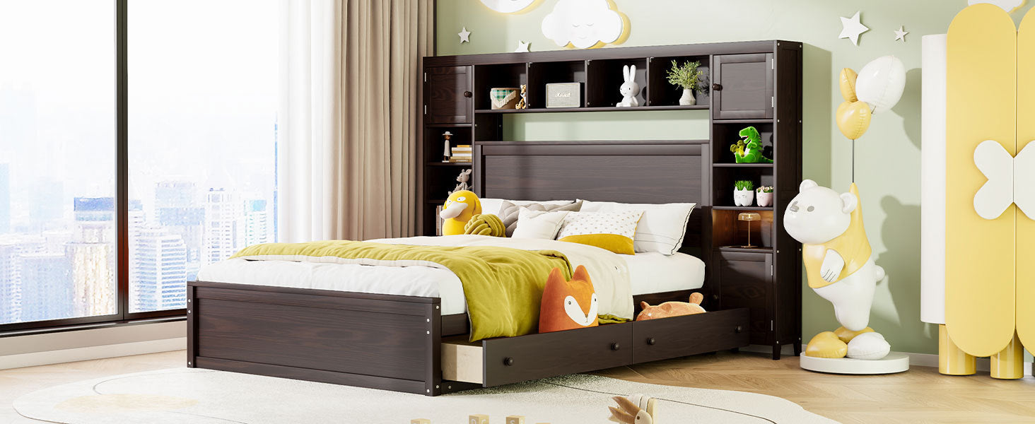 Queen Size Wooden Bed With All In One Cabinet, Shelf And Sockets, Espresso Espresso Solid Wood