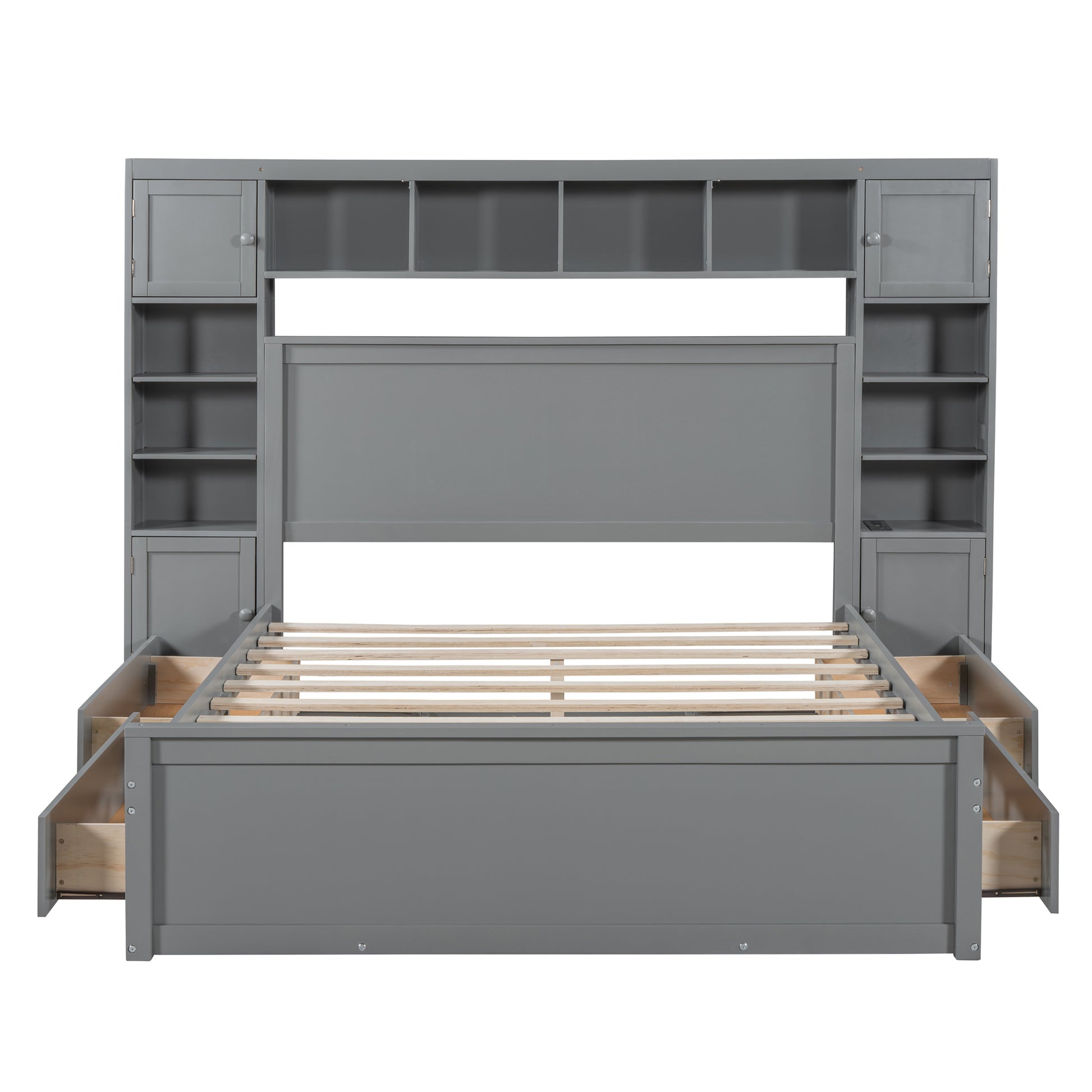 Queen Size Wooden Bed With All In One Cabinet, Shelf And Sockets, Gray Gray Solid Wood