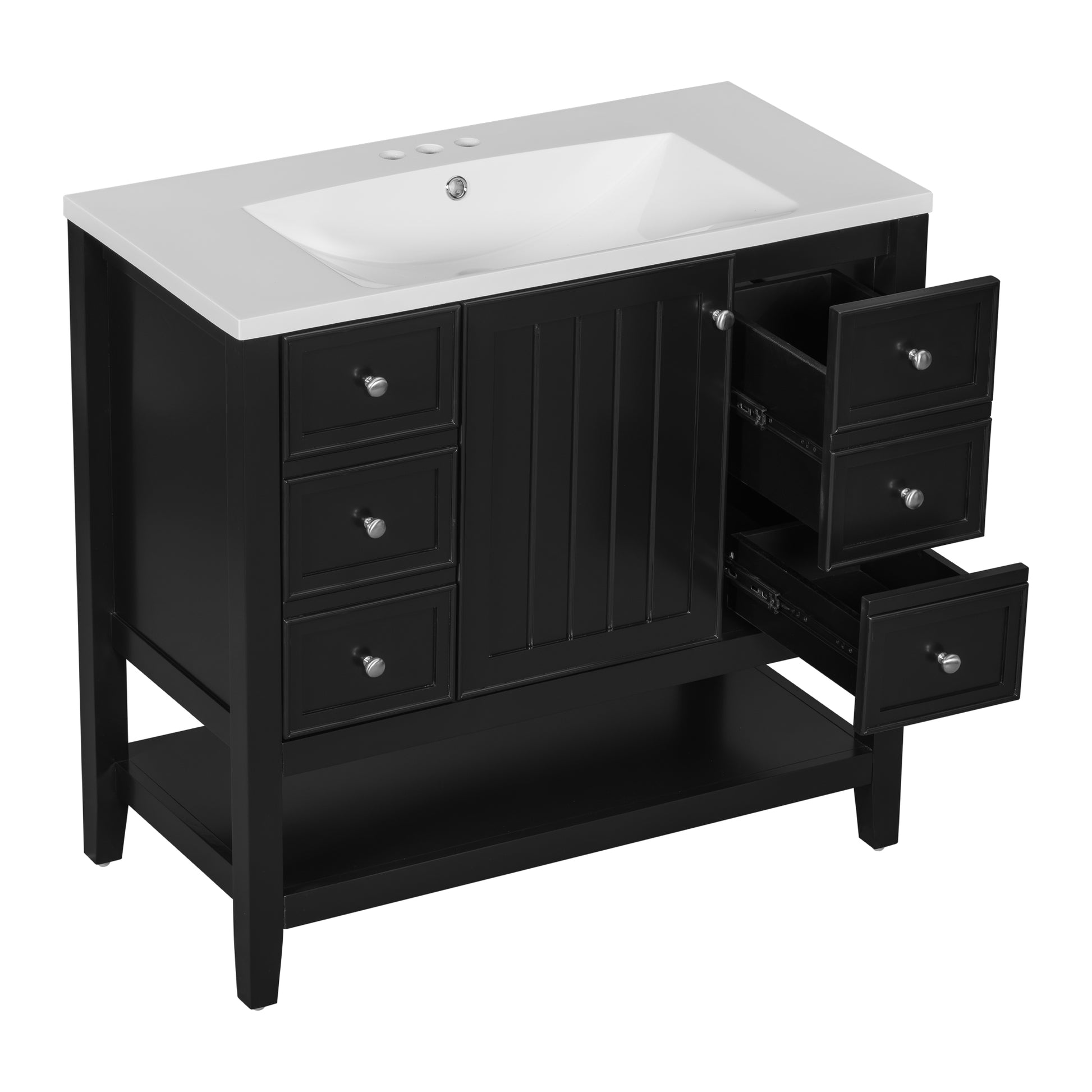 36" Bathroom Vanity With Sink Combo, One Cabinet And Three Drawers, Solid Wood And Mdf Board, Black Black Solid Wood Mdf