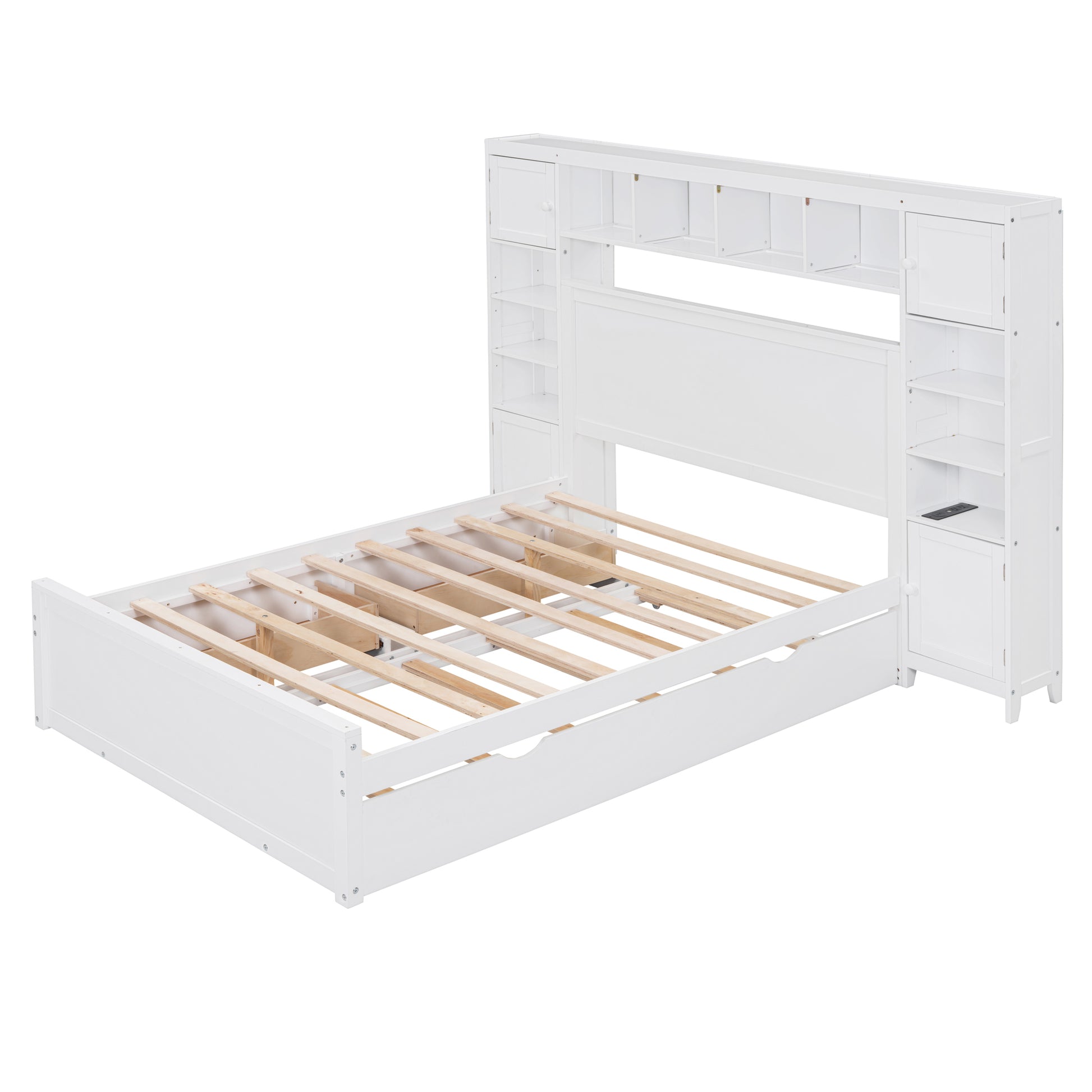 Full Size Wooden Bed With All In One Cabinet, Shelf And Sockets,Twin Size Trundle, White Full White Solid Wood