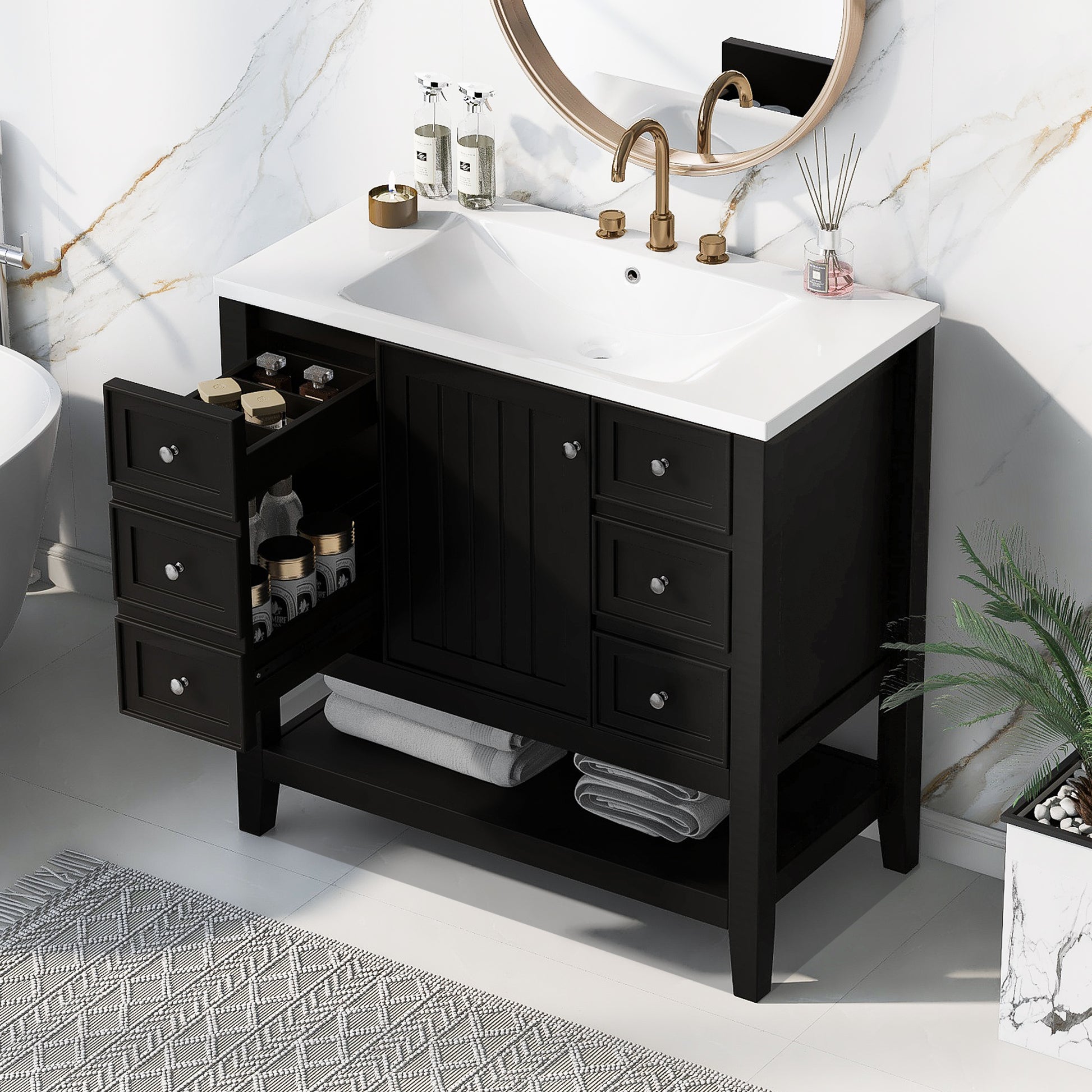 36" Bathroom Vanity With Sink Combo, One Cabinet And Three Drawers, Solid Wood And Mdf Board, Black Old Sku:Sy999505Aab Black Solid Wood Mdf