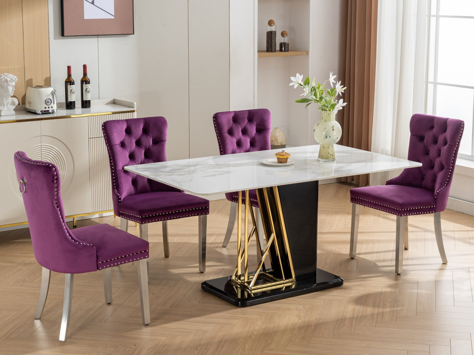 Nikki Collection Modern, High End Tufted Solid Wood Contemporary Velvet Upholstered Dining Chair With Chrome Stainless Steel Plating Legs,Nailhead Trim,Set Of 2,Purple And Chrome, Sw1701Pp Purple Dining Room American Traditional Rubberwood Set Of 2 Foam