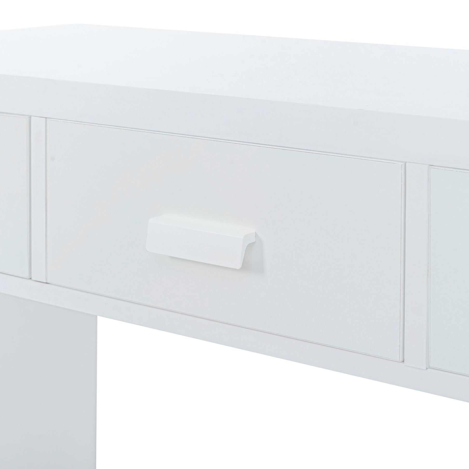 Modern Minimalist Console Table With Open Tabletop And Four Drawers With Metal Handles For Entry Way, Living Room And Dining Room White White Mdf