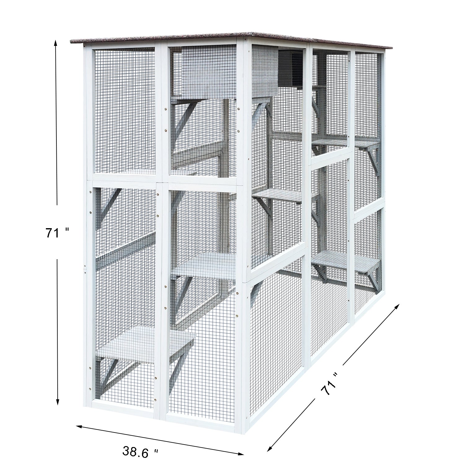 Wooden Catio Cat Enclosure, 71" Gray Cat House Weatherproof Asphalt Roof, Large Solid Wood Cat Cage With 6 Jumping Platforms & 2 Napping Houses, Walk In Cat Kennel Condo Shelter Gray Wood