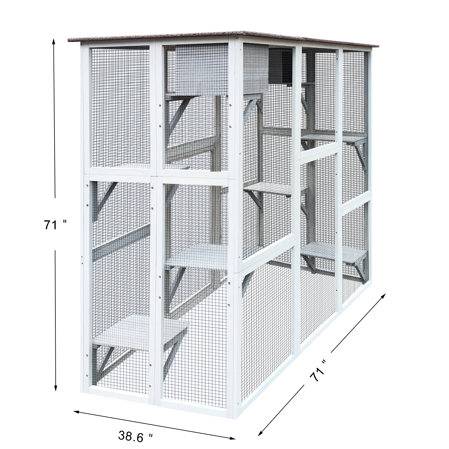 Wooden Catio Cat Enclosure, 71" Cat House Weatherproof Asphalt Roof, Large Solid Wood Cat Cage Playpen With 8 Jumping Platforms & 2 Napping Houses, Walk In Cat Kennel Condo Shelter Gray Wood