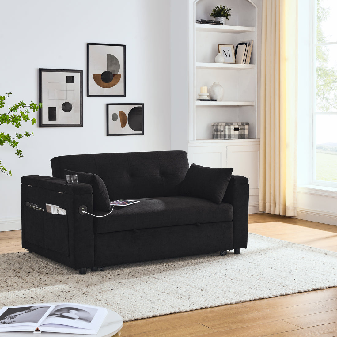 54" Pull Out Sleeper Sofa Bed Double Seat Recliner Sofa Bed With Armrests With Storage And Side Pockets, Adjustable Backrest And Lumbar Pillow For Apartments, Living Rooms, Etc. With Usb Power Outlet Black Foam Chenille 2 Seat