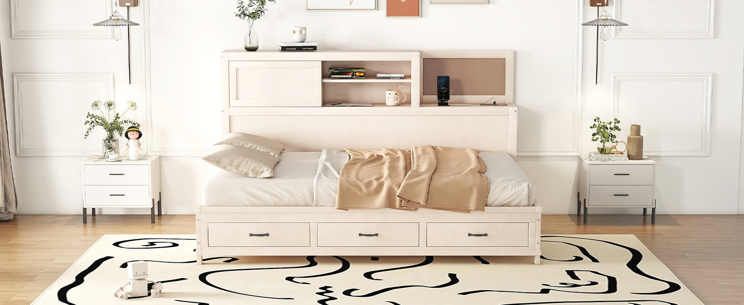 Full Size Wooden Daybed With 3 Storage Drawers, Upper Soft Board, Shelf, And A Set Of Sockets And Usb Ports, White White Solid Wood Mdf