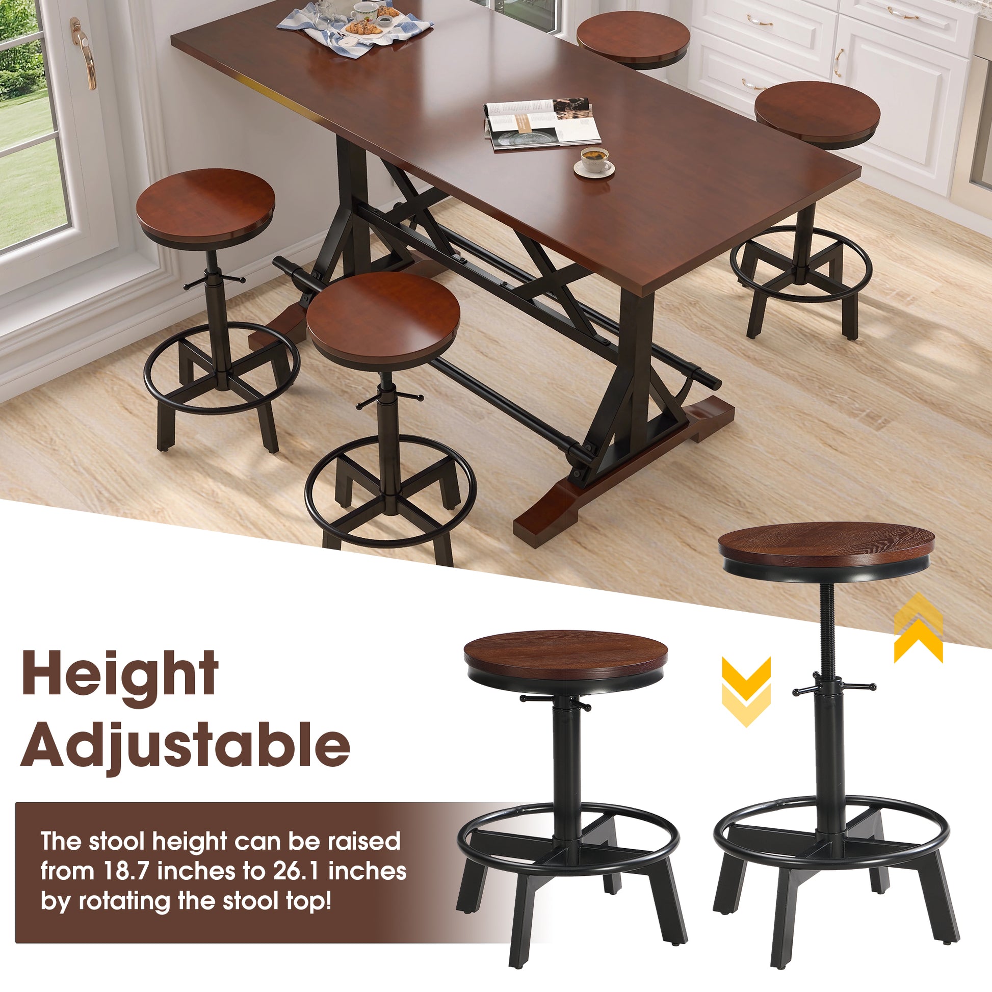 5 Piece Dining Table Set, 59" Wooden Sofa Side Table With Stabilizing Base, Rustic Brown Industrial Adjustable Height Chairs, Modern Bar Table And Chairs For Living Room, Dining Room, And Space Saving Metal Espresso Wood Classic Rectangular Solid Wood