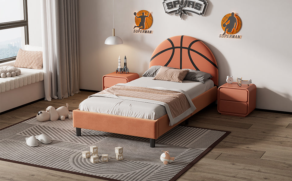 Basketball Design Upholstered Twin Platform Bed Sport Style Bed For Boys & Girls, Teens, Orange Box Spring Not Required Twin Orange Wood Bed Frame Velvet Velvet