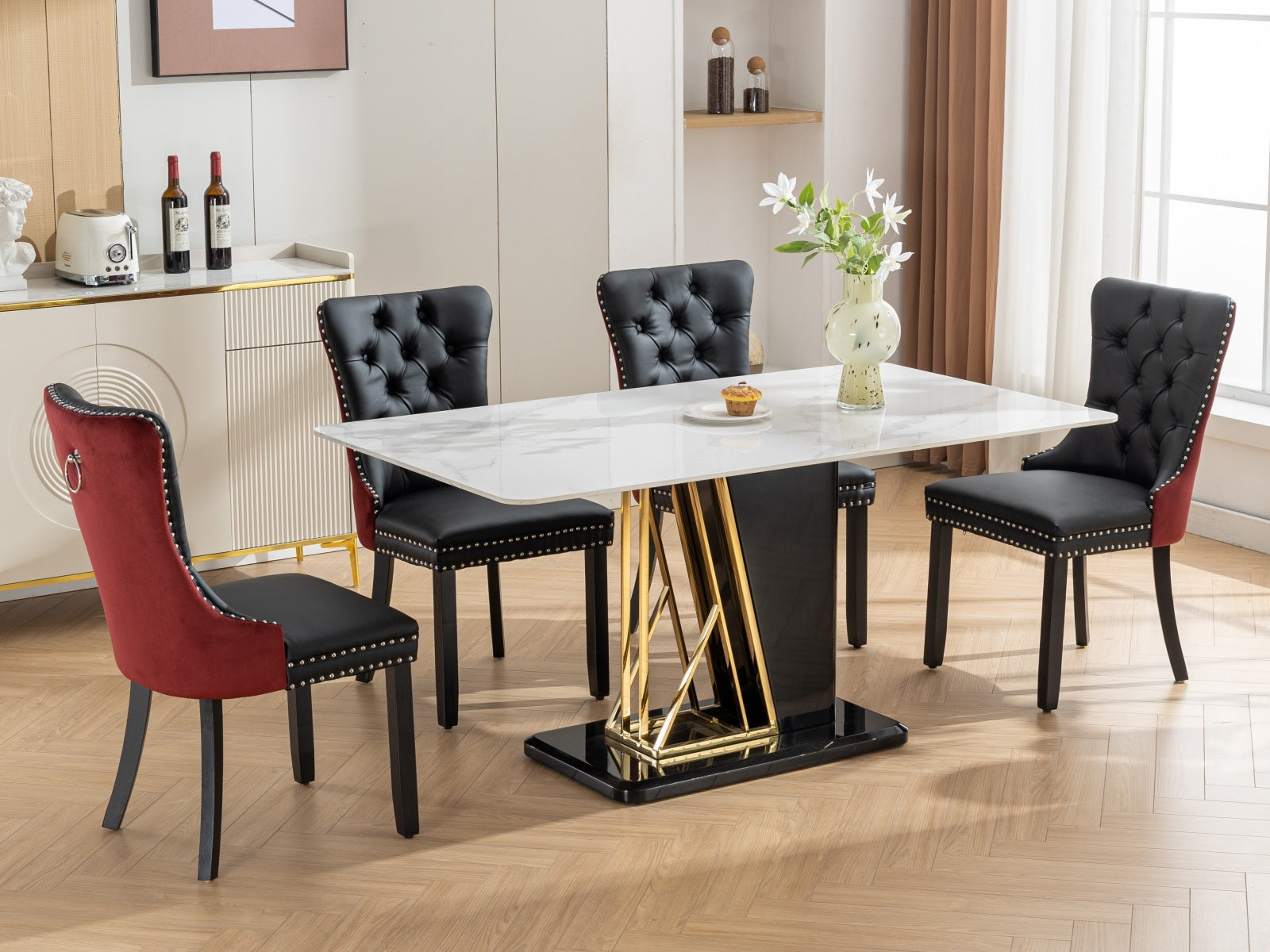 Nikki Collection Modern, High End Tufted Solid Wood Contemporary Pu And Velvet Upholstered Dining Chair With Wood Legs Trim 2 Pcs Set, Black Winered, Burdy,Sw2101Bw Black Burgundy Dining Room American Design Dining Chairs Set Of 2 Foam Pu Leather