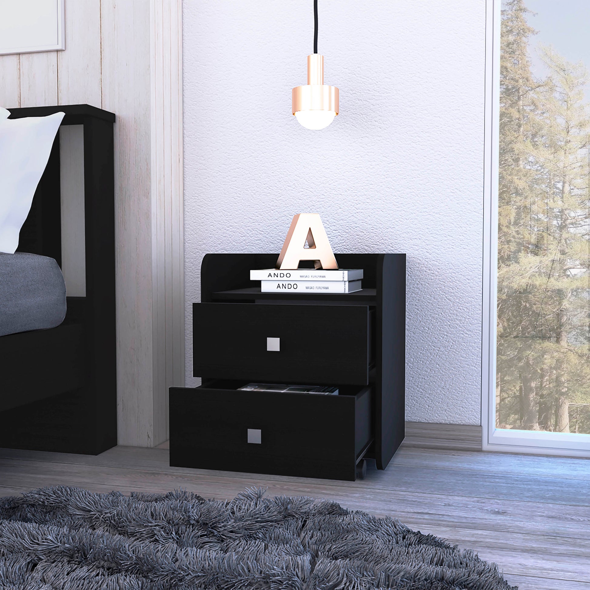 Nightstand 22"H, Two Drawers, Superior Top, Metal Handle, Black Black 2 Drawers Pine Black Particle Board Engineered Wood