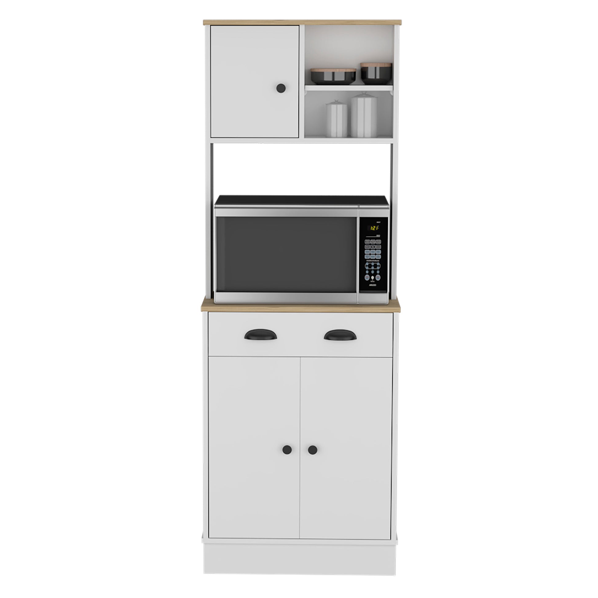 Kitchen Pantry 67" H, Two Cabinets, Three Doors, Two Open Shelves, One Drawer, Microwave Storage Option, White Macadamia Multicolor Contemporary,Modern Pine Particle Board Engineered Wood