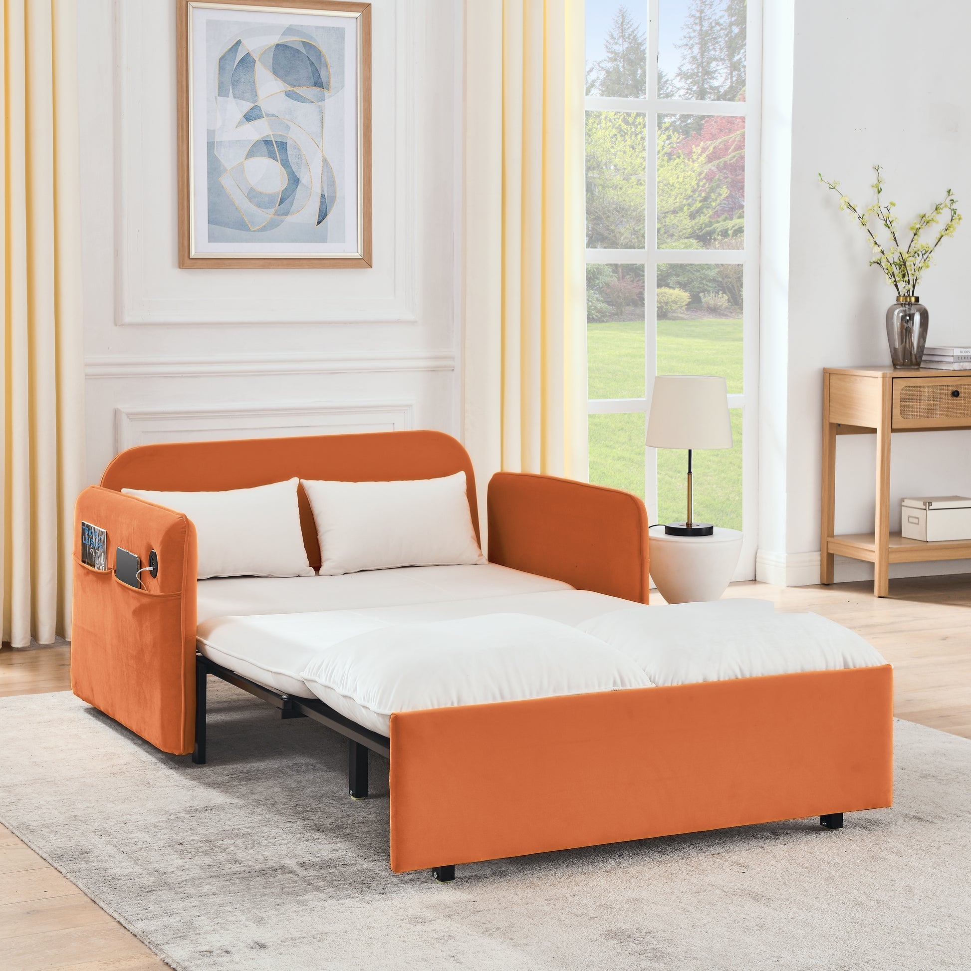 53" Modern Convertible Sofa Bed W 2 Removable Armrests W Usb Power Port, Velvet Recliner Adjustable Sofa W Head Pull Out Bed, 2 Pillows, For Living Room Apartment Etc., White Orange Beige Foam Velvet