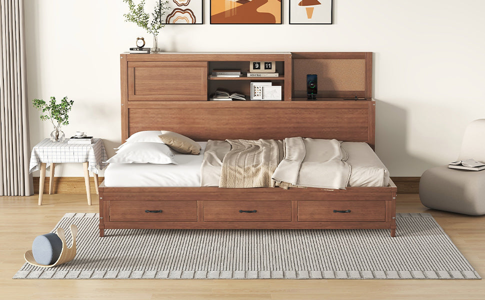 Full Size Wooden Daybed With 3 Storage Drawers, Upper Soft Board, Shelf, And A Set Of Sockets And Usb Ports, Brown Brown Solid Wood Mdf