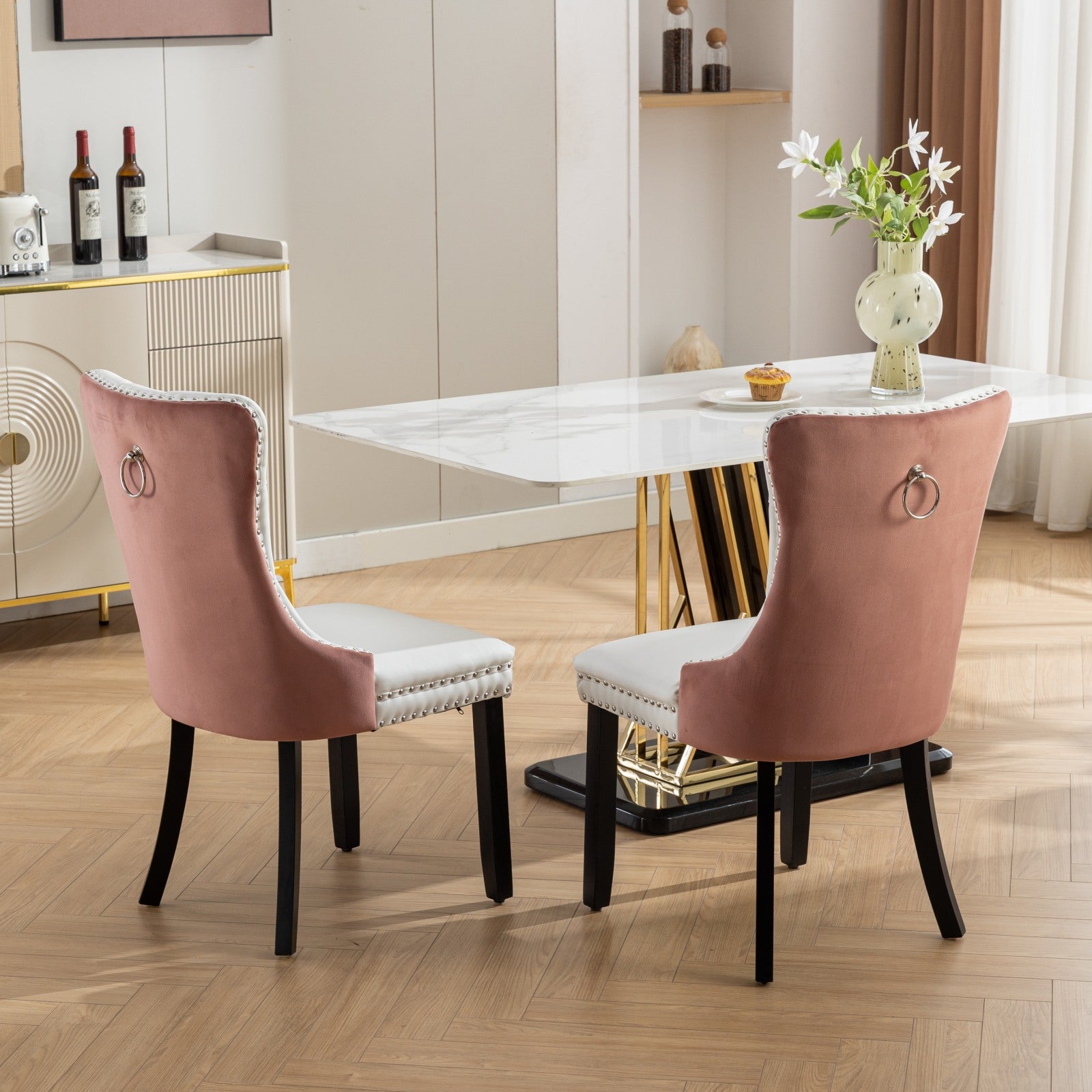 Nikki Collection Modern, High End Tufted Solid Wood Contemporary Pu And Velvet Upholstered Dining Chair With Wood Legs Trim 2 Pcs Set, White Pink, Sw2101Wp White Pink Dining Room American Design