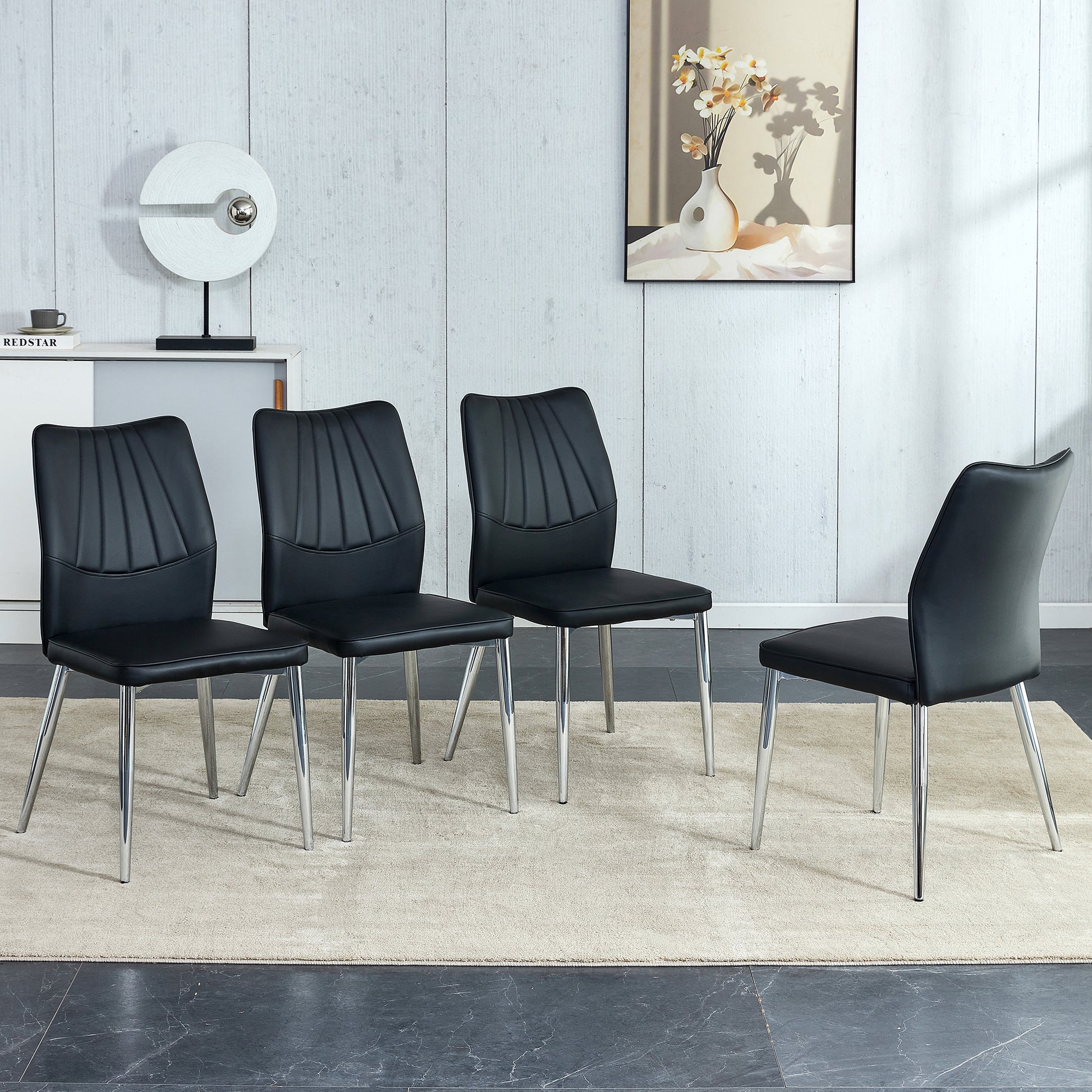 Four Black Dining Chairs. Modern Chairs From The Middle Ages. Made Of Pu Material Cushion And Silver Metal Legs. Suitable For Restaurants And Living Rooms C 009 Black Pu