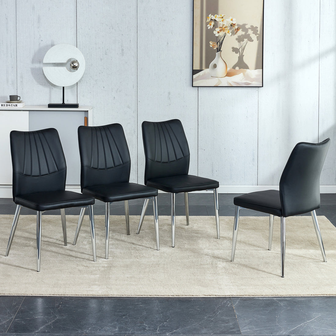 6 Black Dining Chairs. Modern Chairs From The Middle Ages. Made Of Pu Material Cushion And Silver Metal Legs. Suitable For Restaurants And Living Rooms Black Pu