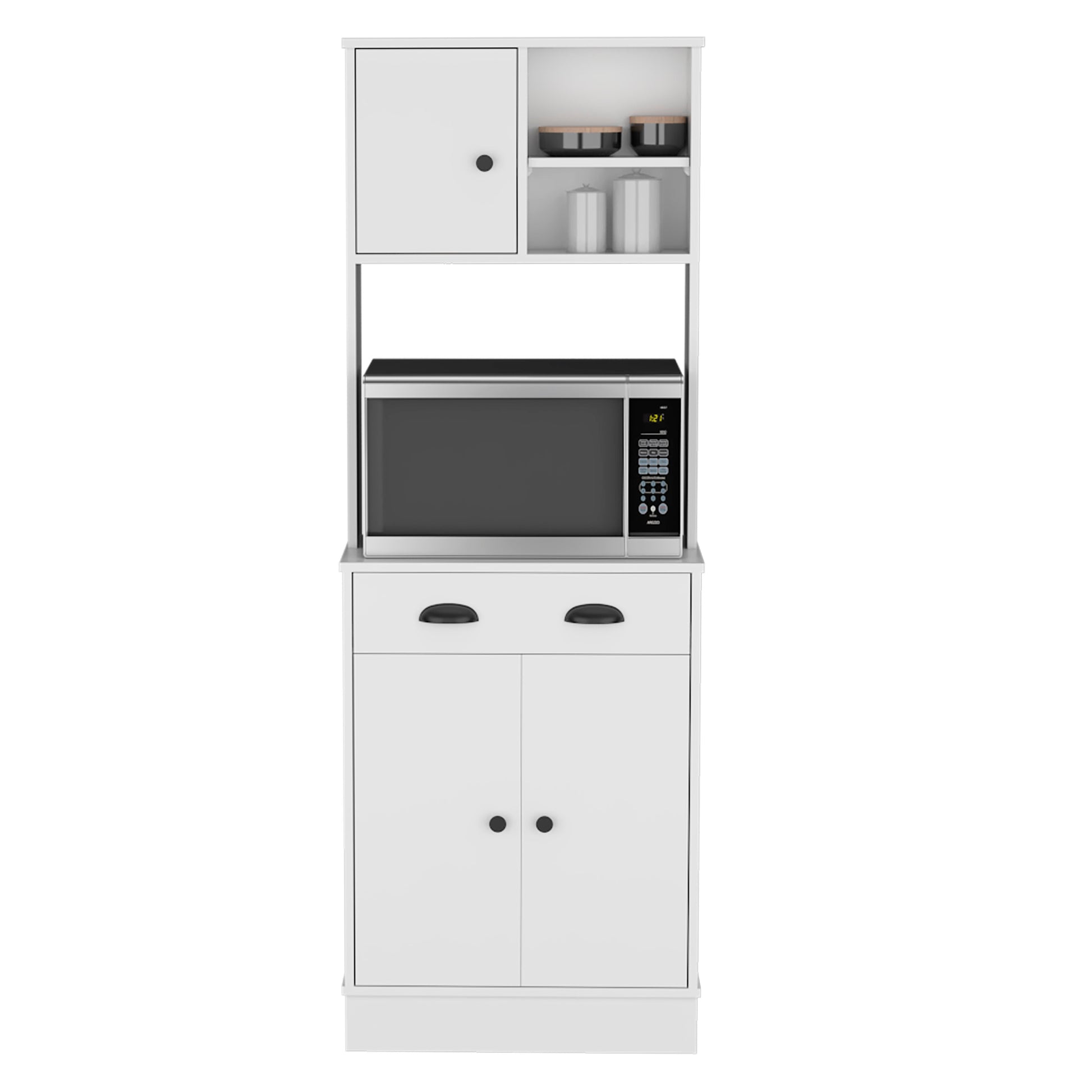 Kitchen Pantry 67" H, Two Cabinets, Three Doors, Two Open Shelves, One Drawer, Microwave Storage Option, White White White Contemporary,Modern Pine Particle Board Engineered Wood