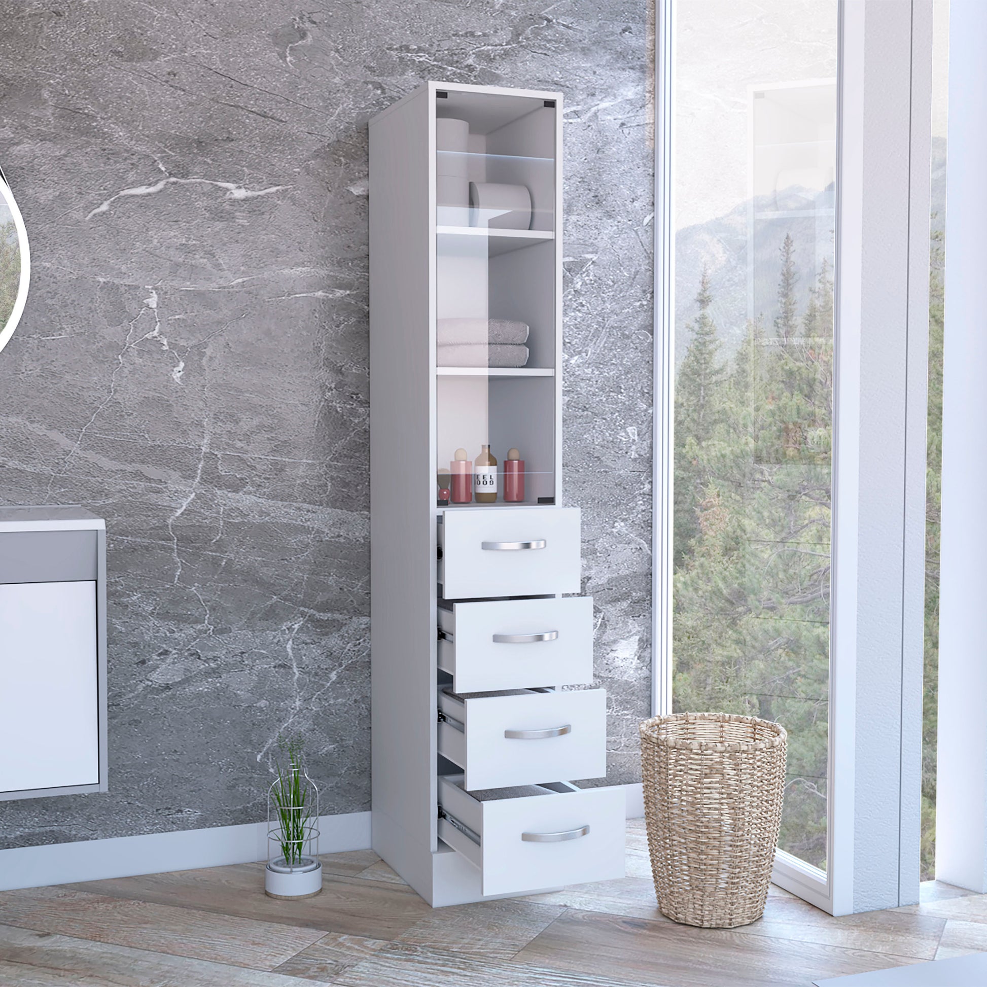 Linen Cabinet 68" H, Three Shelves, Four Drawers And Metal Handles, White 4 White 3 Bathroom Freestanding Modern Particle Board Particle Board