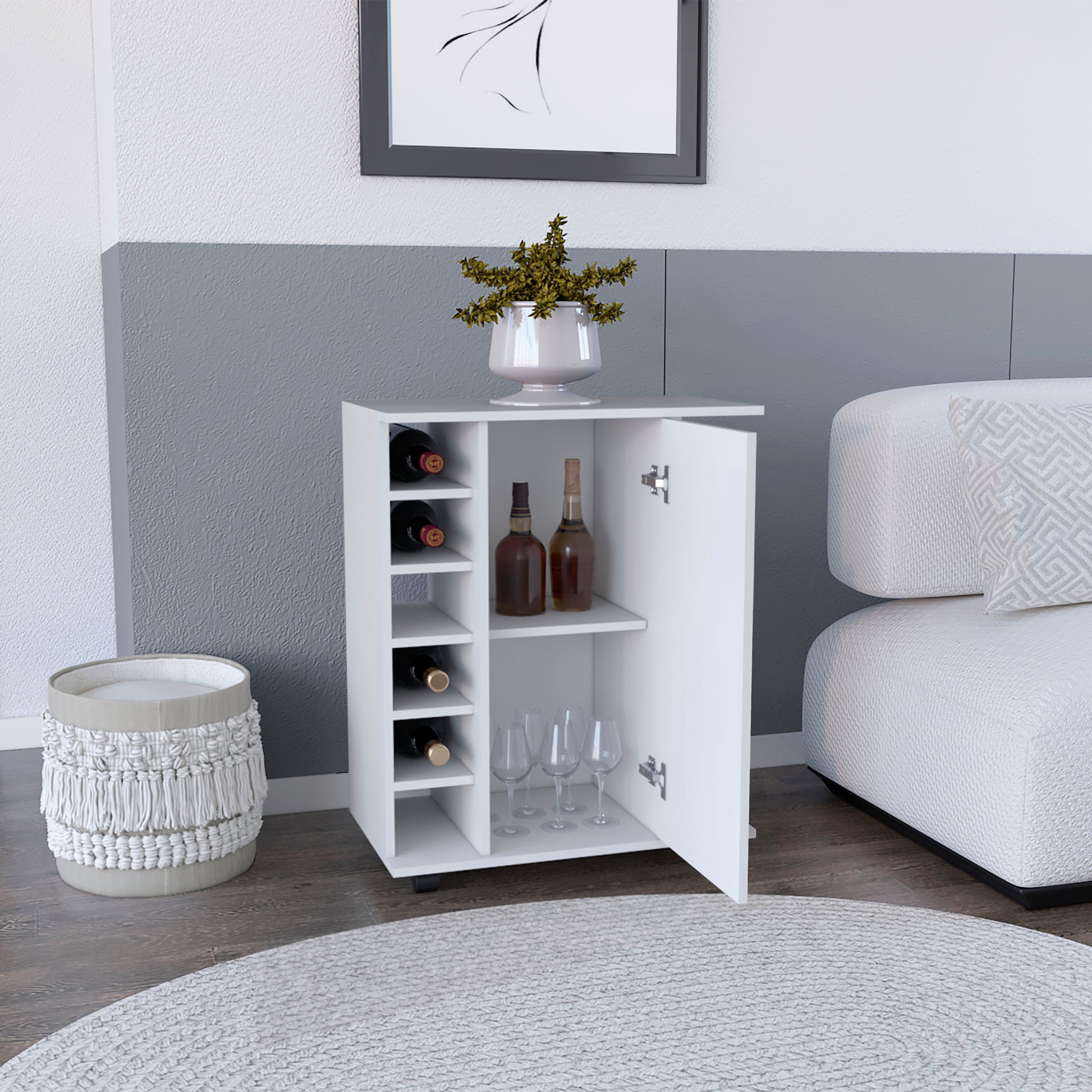 White 4 Wheel Bar Cart Cabinet For Kitchen Or Living Room, With 6 Side Built In Bottle Racks, 1 Interior Shelve, 2 Side Shelves, 2 Space With Wood Door To Store Glasses, Cups, Coffee Or Snacks. White White Contemporary,Modern Particle Board Engineered