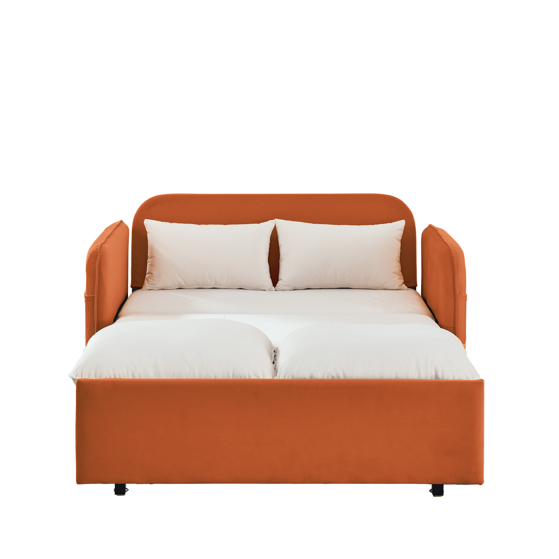53" Modern Convertible Sofa Bed W 2 Removable Armrests W Usb Power Port, Velvet Recliner Adjustable Sofa W Head Pull Out Bed, 2 Pillows, For Living Room Apartment Etc., White Orange Beige Foam Velvet