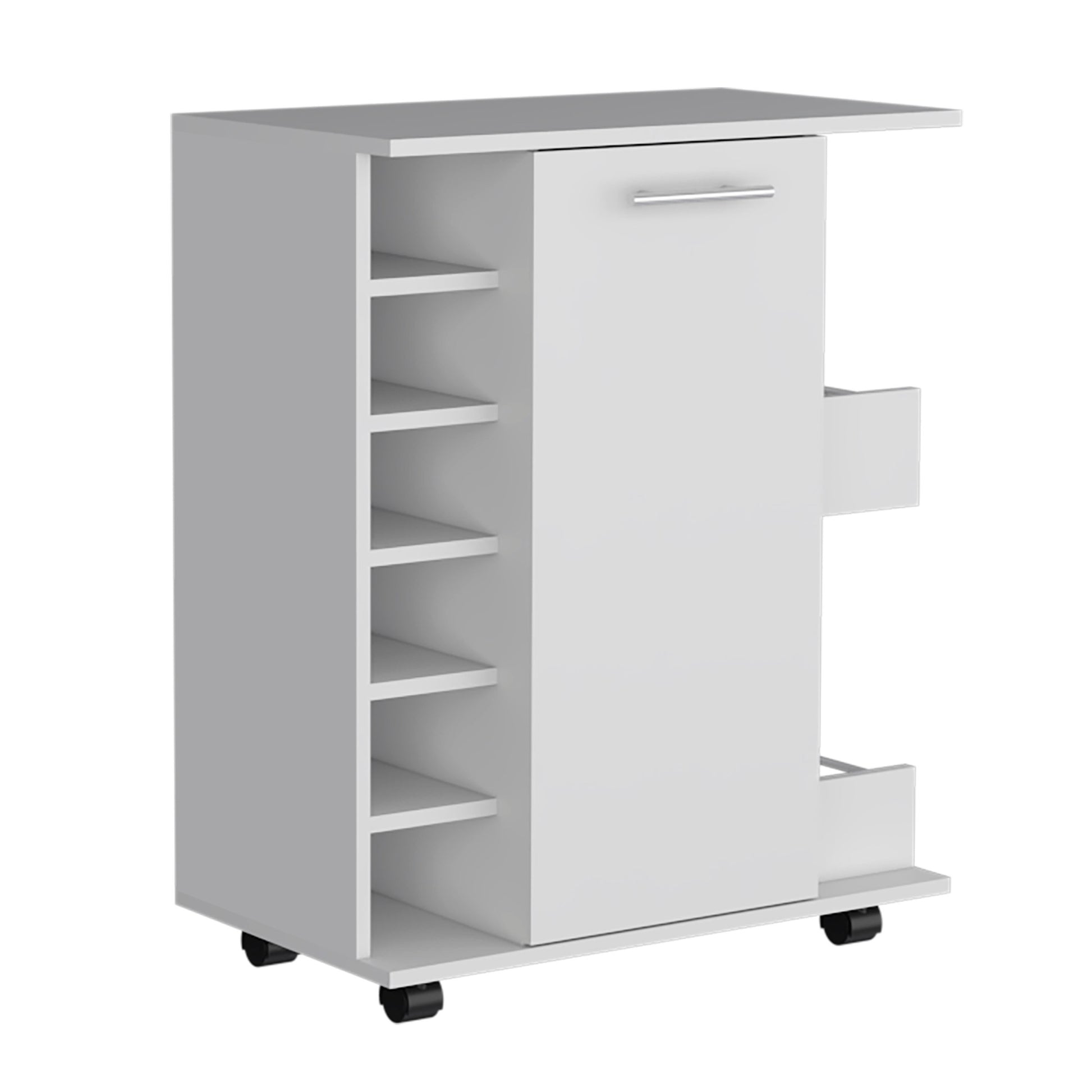 White 4 Wheel Bar Cart Cabinet For Kitchen Or