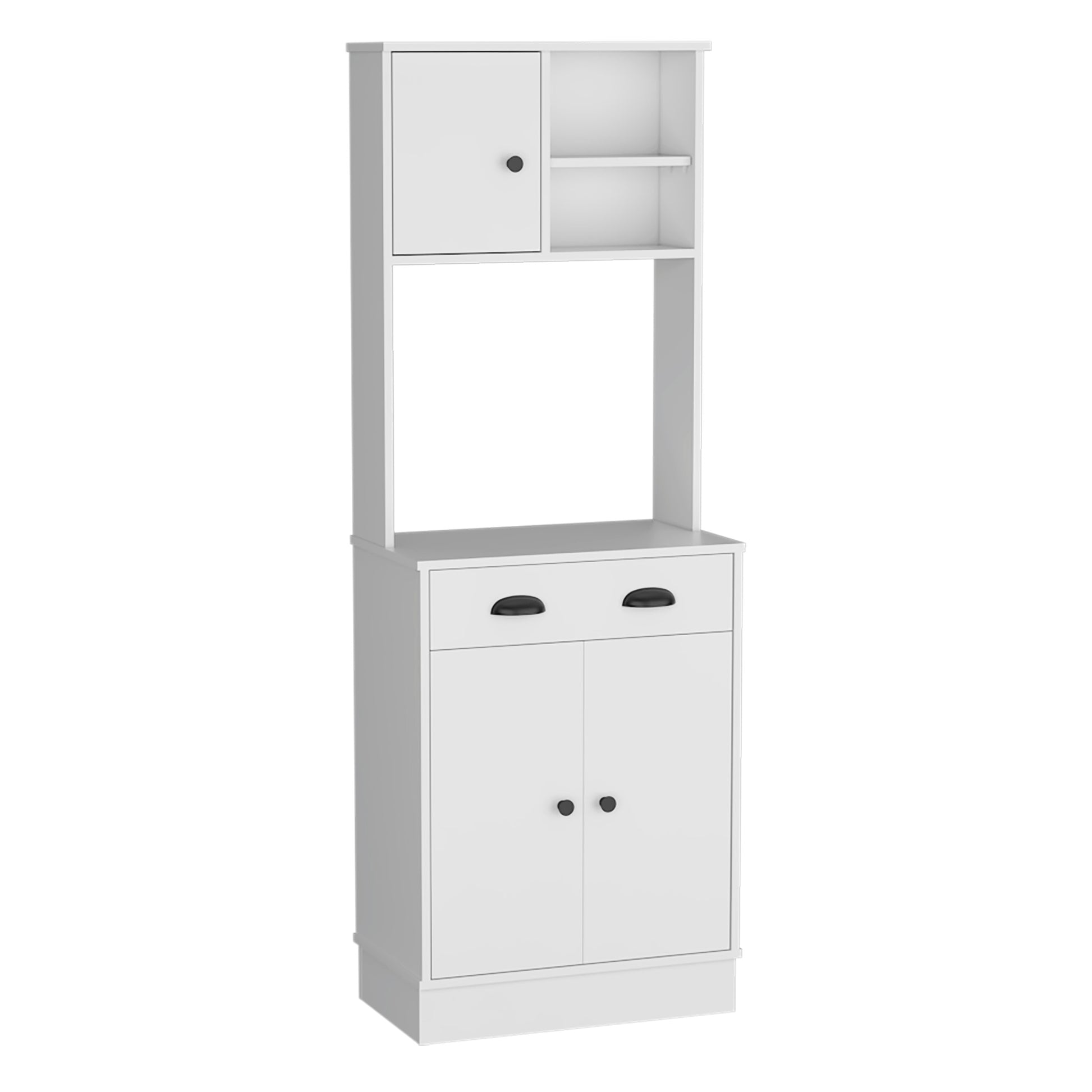 Kitchen Pantry 67" H, Two Cabinets, Three Doors, Two Open Shelves, One Drawer, Microwave Storage Option, White White White Contemporary,Modern Pine Particle Board Engineered Wood