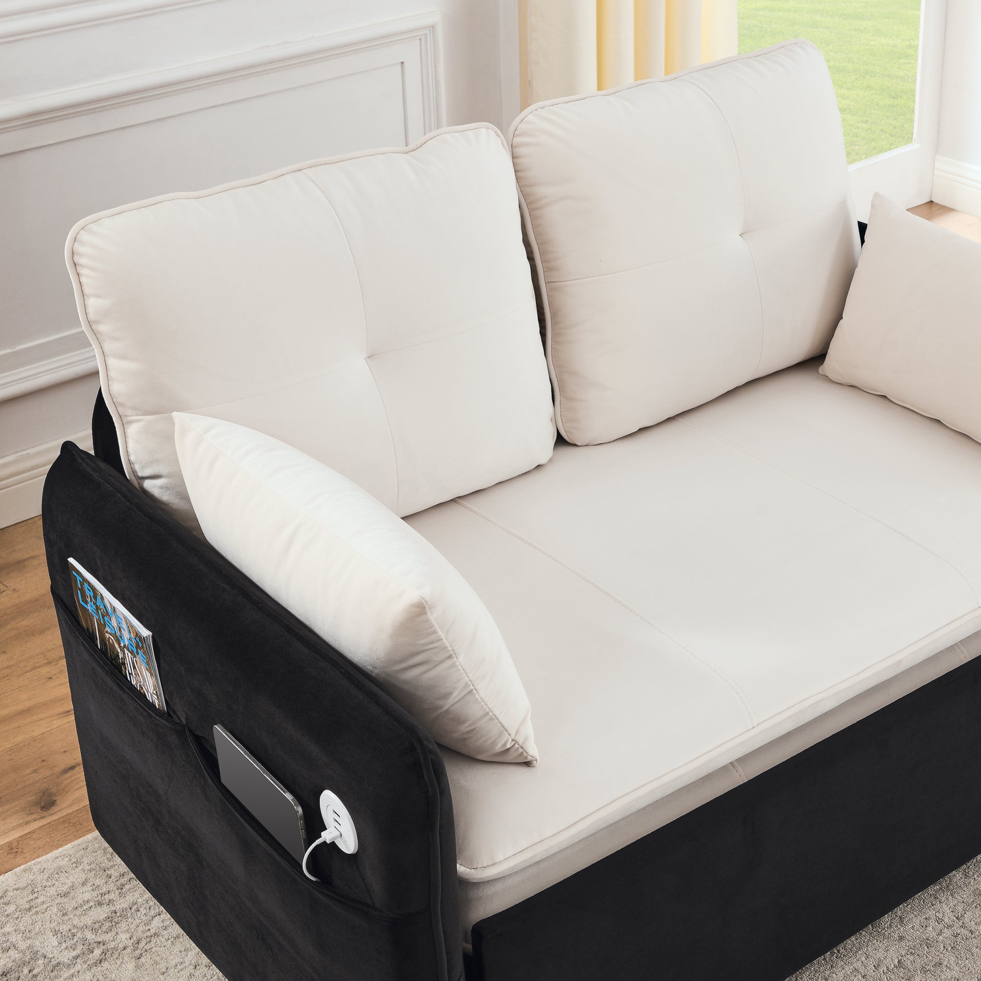 53" Modern Convertible Sofa Bed W 2 Removable Armrests W Usb Power Port, Velvet Recliner Adjustable Sofa W Head Pull Out Bed, 2 Pillows, For Living Room Apartment Etc., White Black Beige Black Foam Velvet