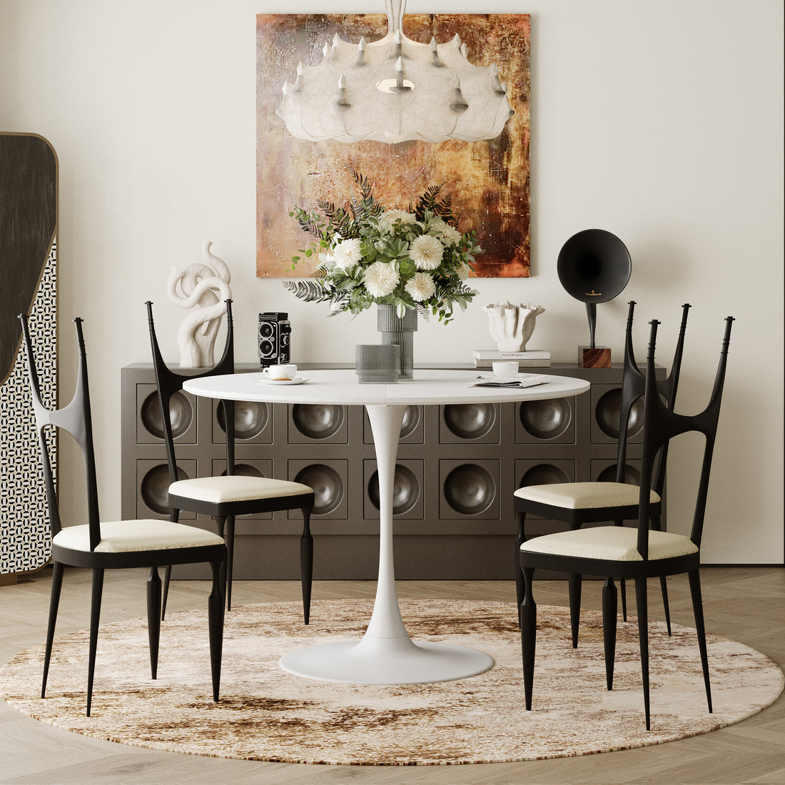 42.13"Modern Round Dining Table,Four Patchwork Tabletops With White Solid Wood Veneer Table Top,Metal Base Dining Table, End Table Leisure Coffee Table White Mdf Metal