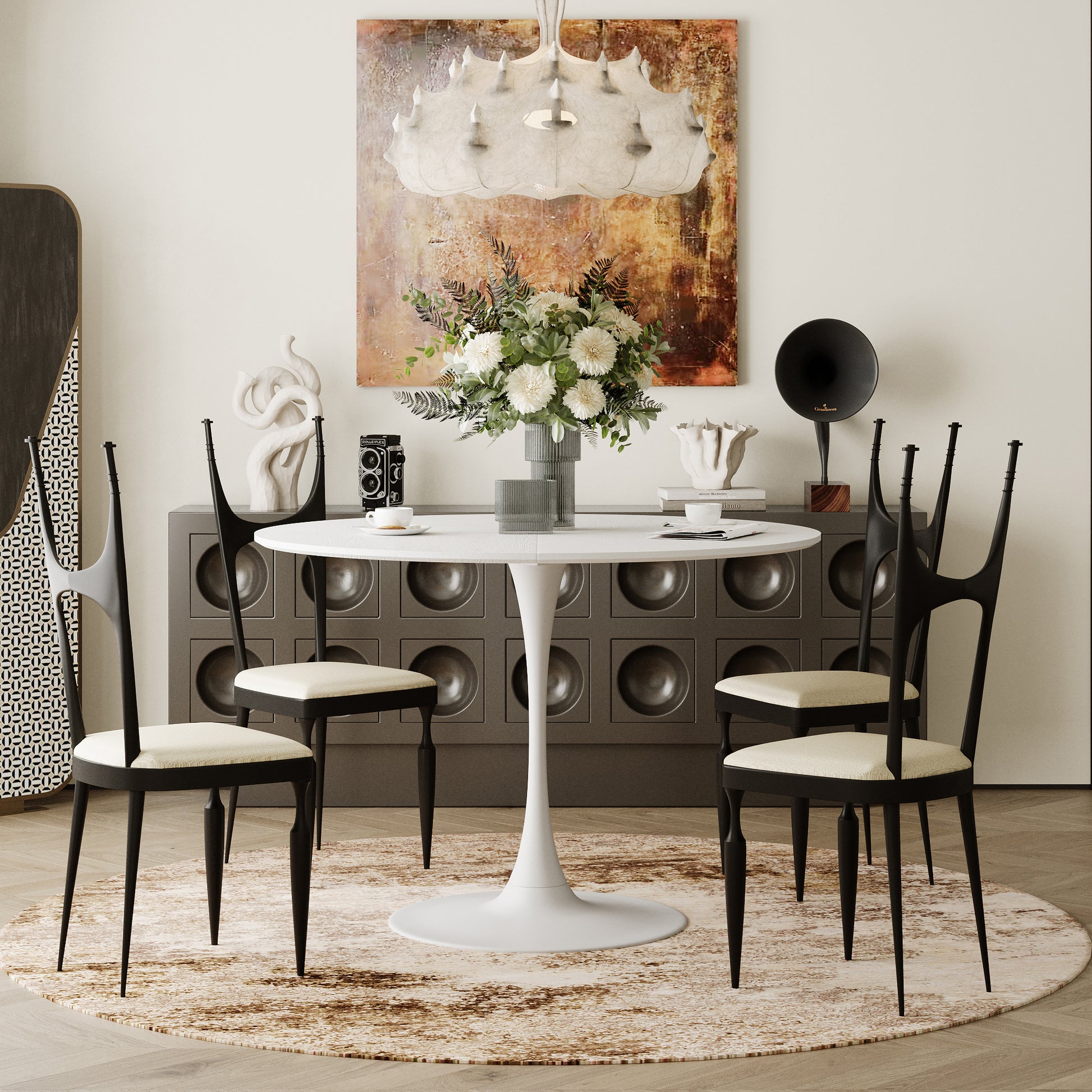 42.13"Modern Round Dining Table,Four Patchwork Tabletops With White Solid Wood Veneer Table Top,Metal Base Dining Table, End Table Leisure Coffee Table White Mdf Metal