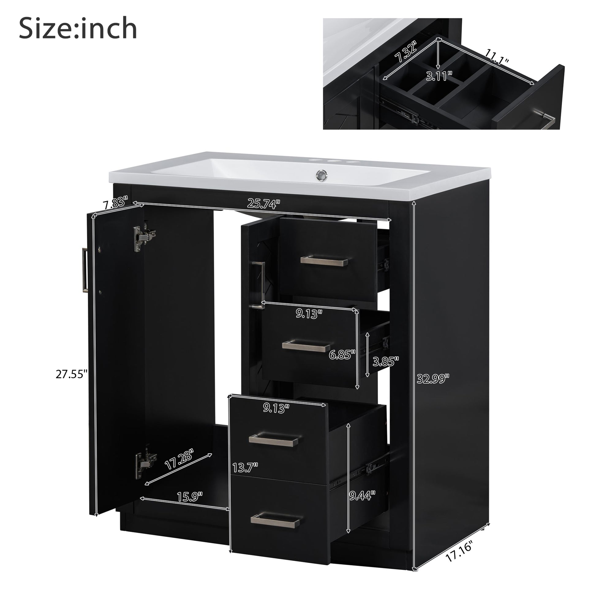 30'' Bathroom Vanity With Resin Sink Combo,Solid Wood Frame Bathroom Storage Cabinet, Freestanding Vanity Set With 3 Drawers& Soft Closing Doors 2 Black 2 1 Adjustable Hinges Bathroom Freestanding Solid Wood Mdf Resin Painted