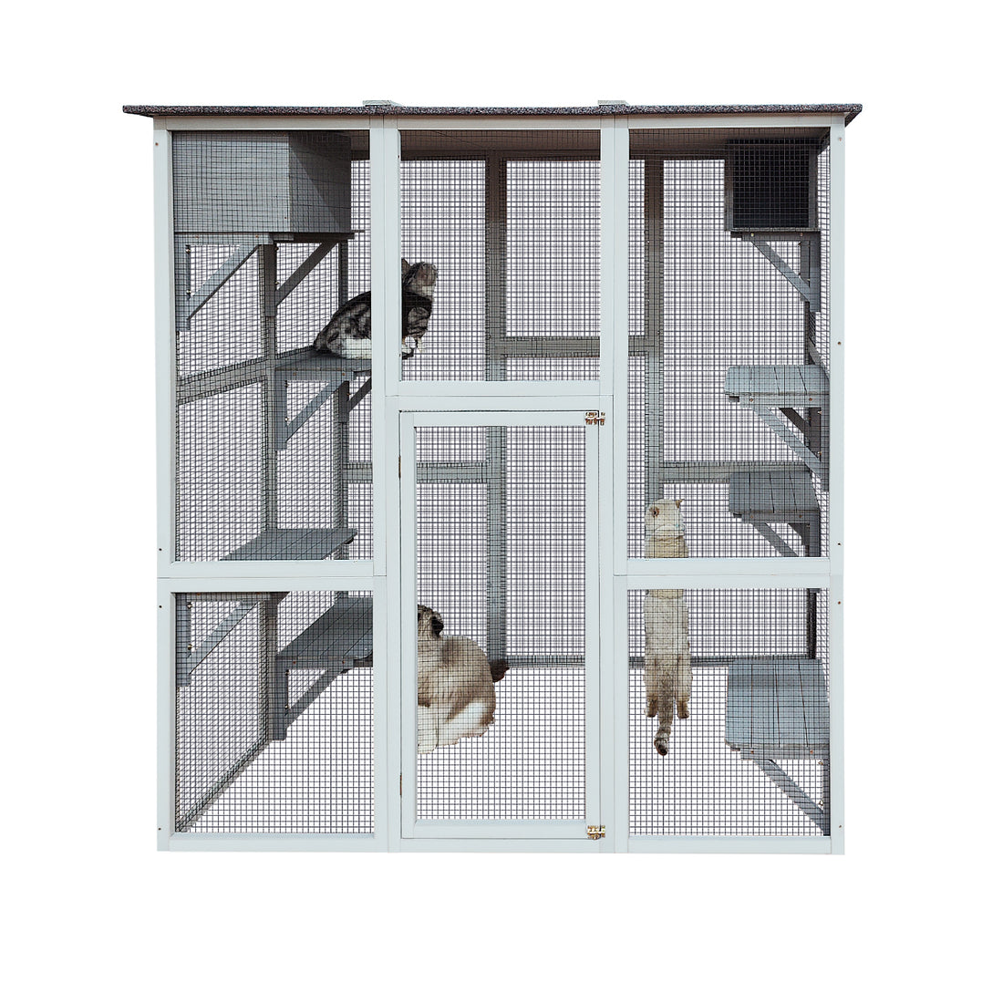 Wooden Catio Cat Enclosure, 71" Gray Cat House Weatherproof Asphalt Roof, Large Solid Wood Cat Cage With 6 Jumping Platforms & 2 Napping Houses, Walk In Cat Kennel Condo Shelter Gray Wood